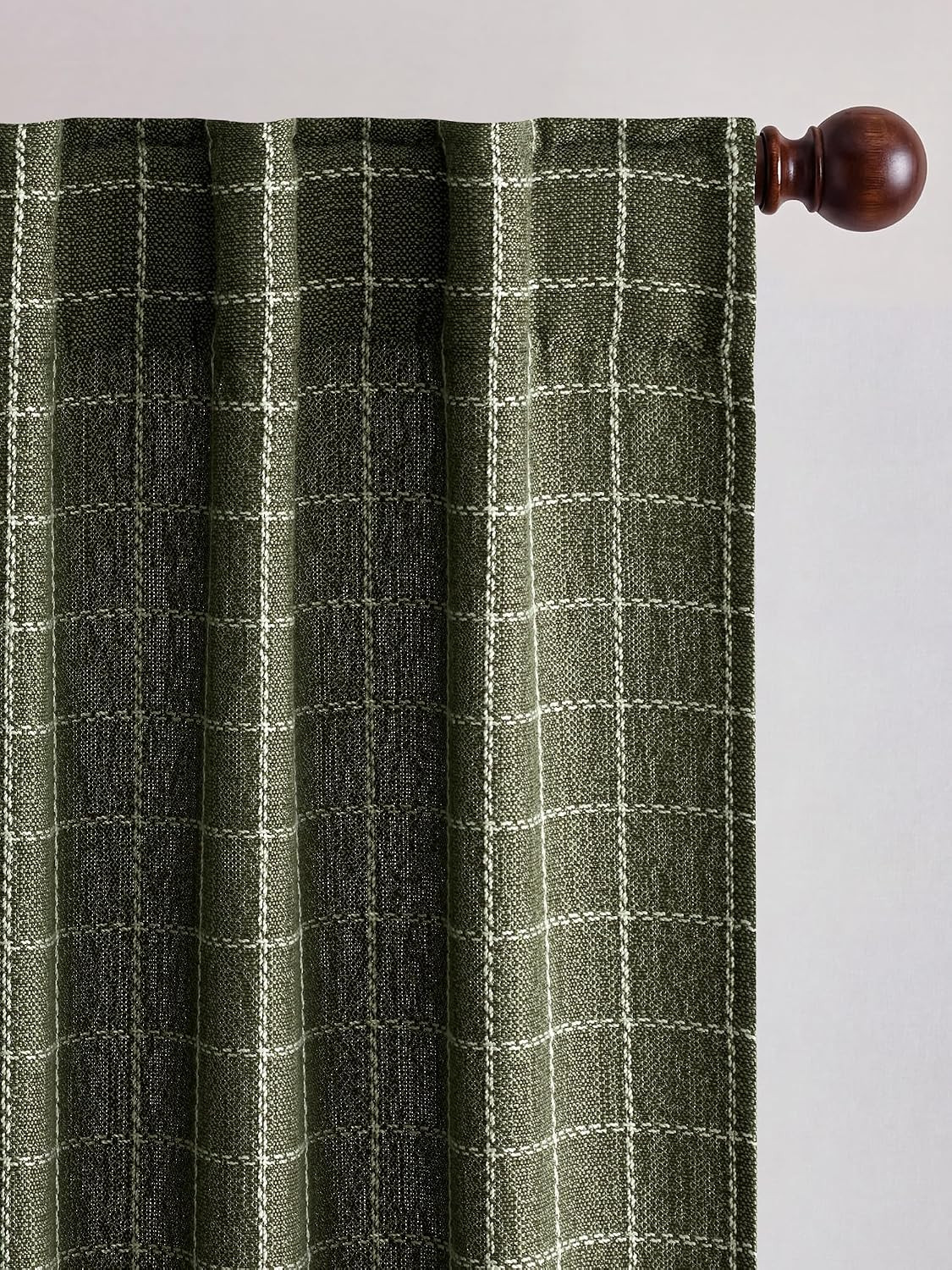 Olive Green Linen Plaid Bedroom Curtains, Rod Pocket & Back Tab Geometric Jacqua