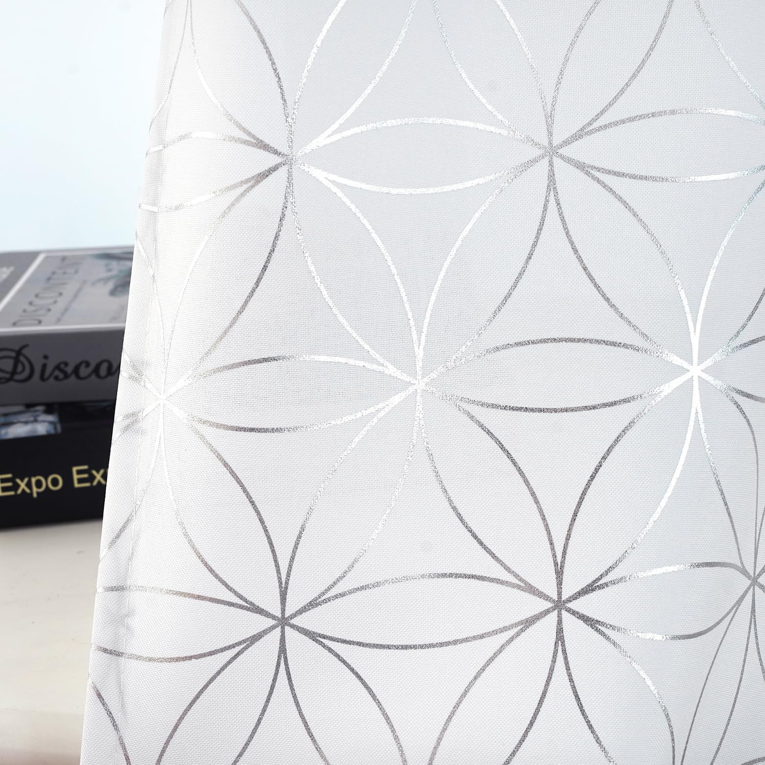 Exclusive Silver Linen Grommet Curtains, Unique Metallic Moroccan Tile Foil Prin