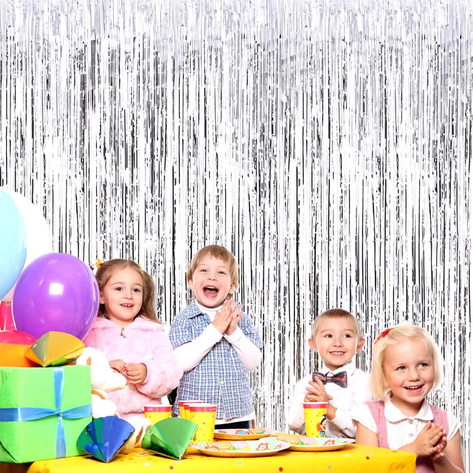 4 PCS 3.28×6.56 Ft Silver Metallic Foil Fringe Curtain Backdrop Streamers