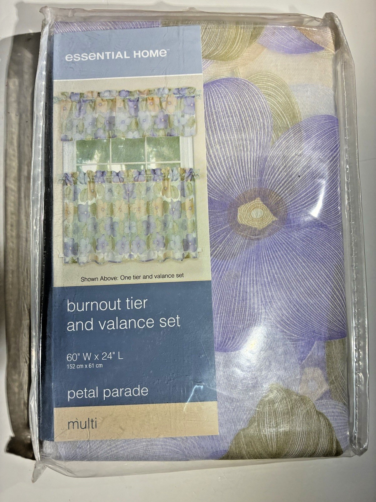 Essential Home Burnout Tier & Valance Set Purple Green Petal Parade 60″ x 24″
