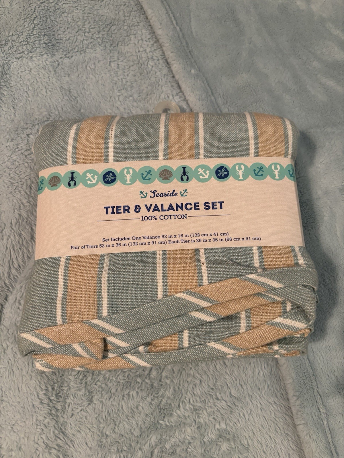 SeaSide Tier and Valance Set Tan Blue and White Cotton Fabric
