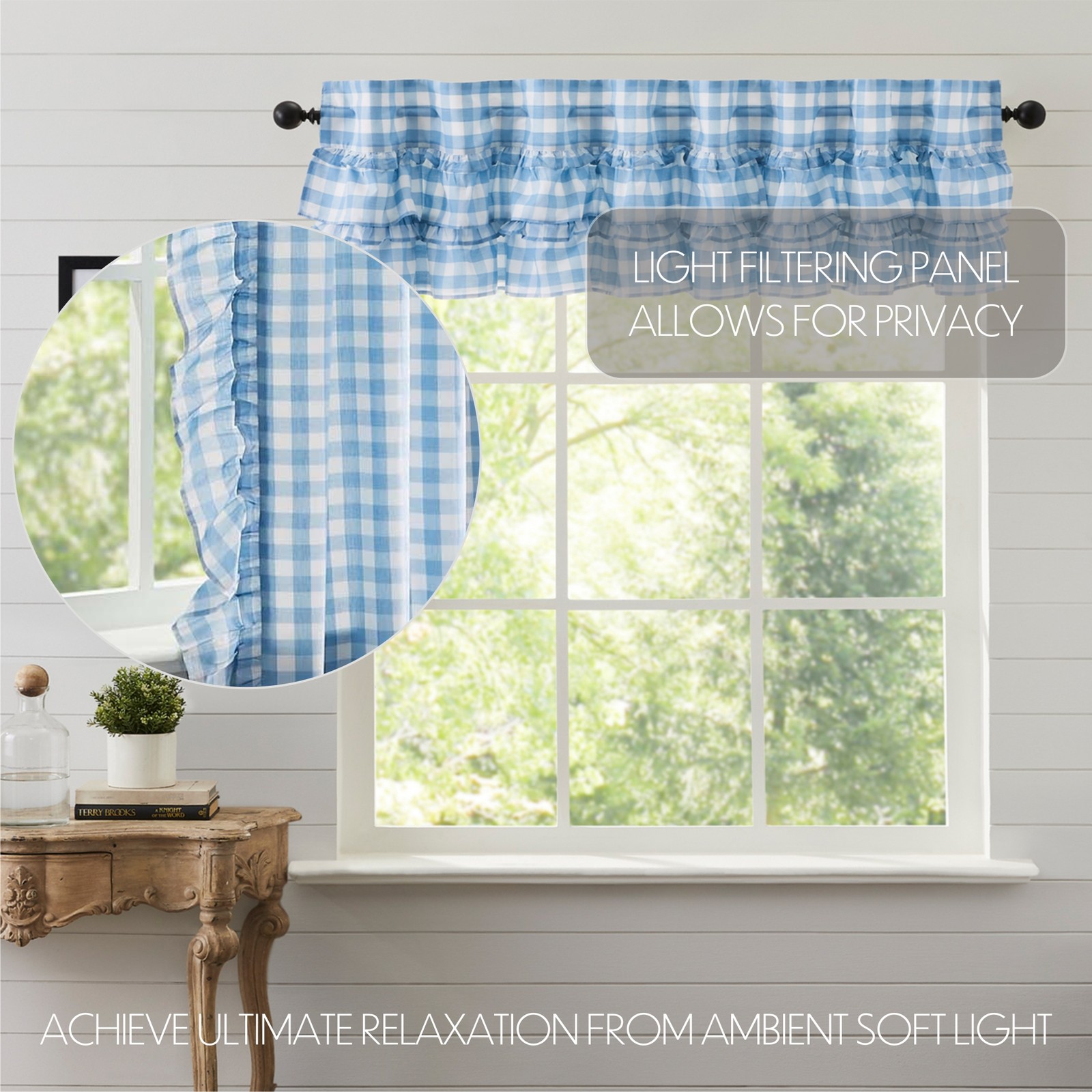 Annie Buffalo Blue Ruffled Set (1 Valance 16×72 ; 2 Tier 24×36) VHC Brands