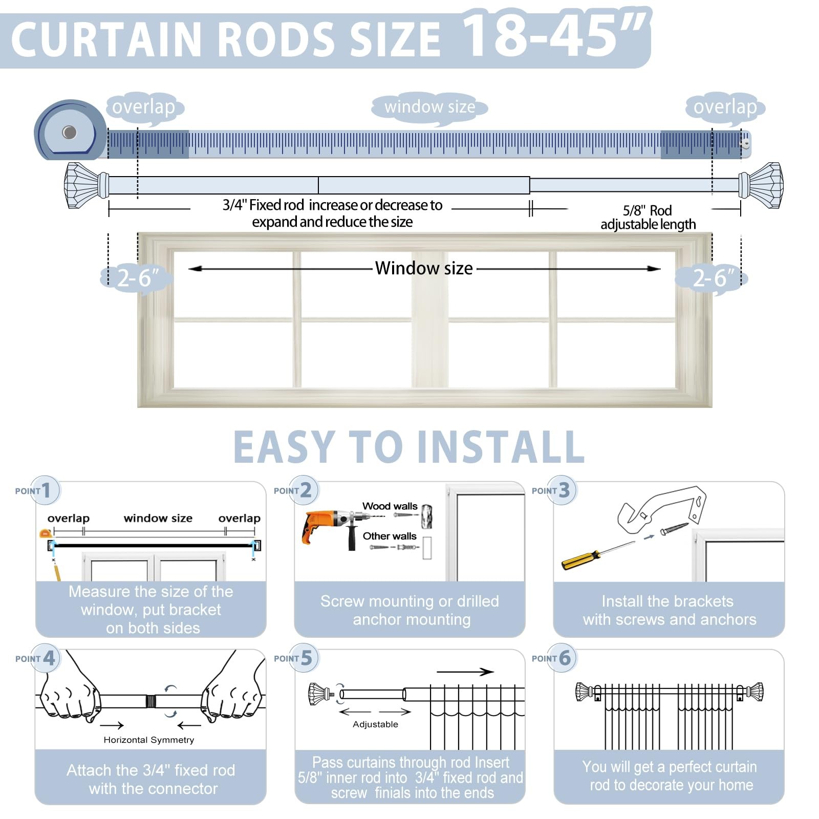 Silver Decorative Crystal Curtain Rods 18 to 45 InchHeavy Duty Adjustable Win…