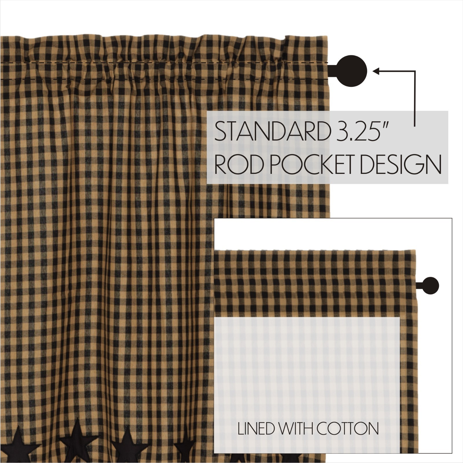 Black Appliqued Star Check Lined Cotton Country Gathered Long Prairie Curtains