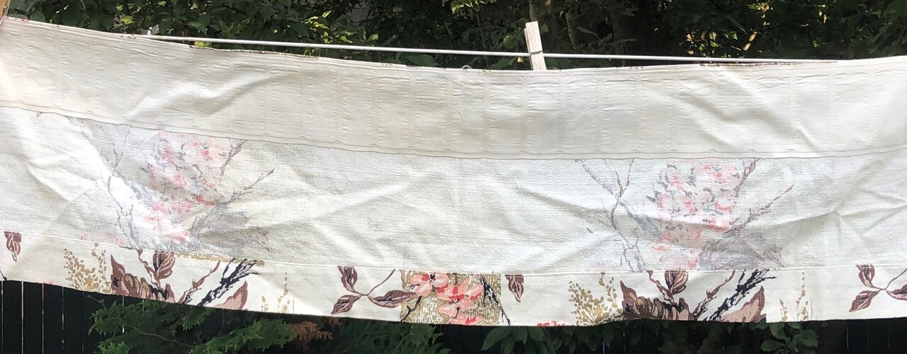 Vintage Window Valance Pink Brown Barkcloth Cherry Blossom 11 x 42 drapery