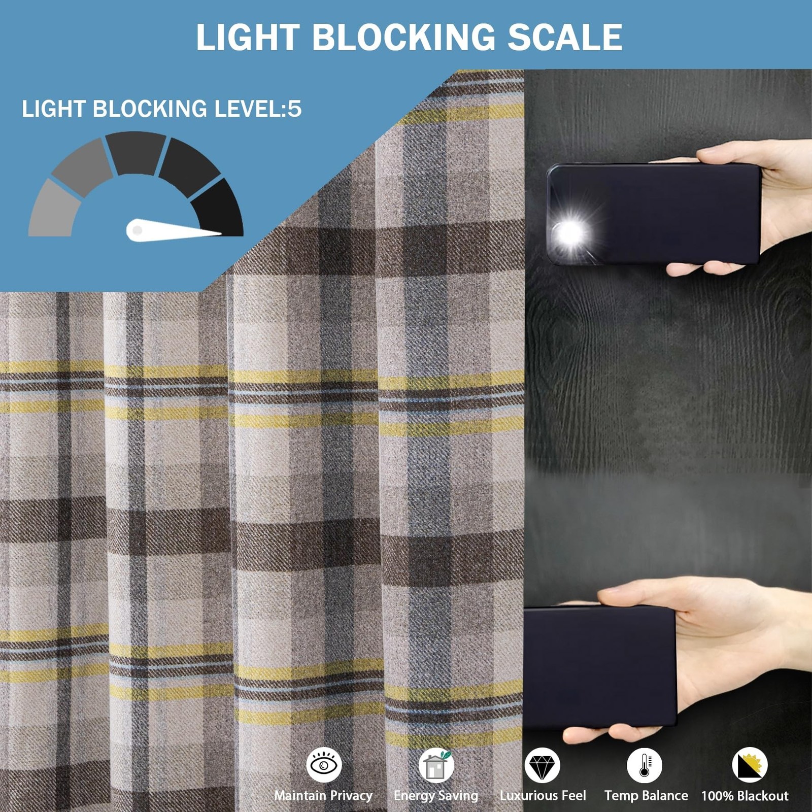 always4u Woolen Check Curtains 100% Blackout Highland Tartan Curtain Living