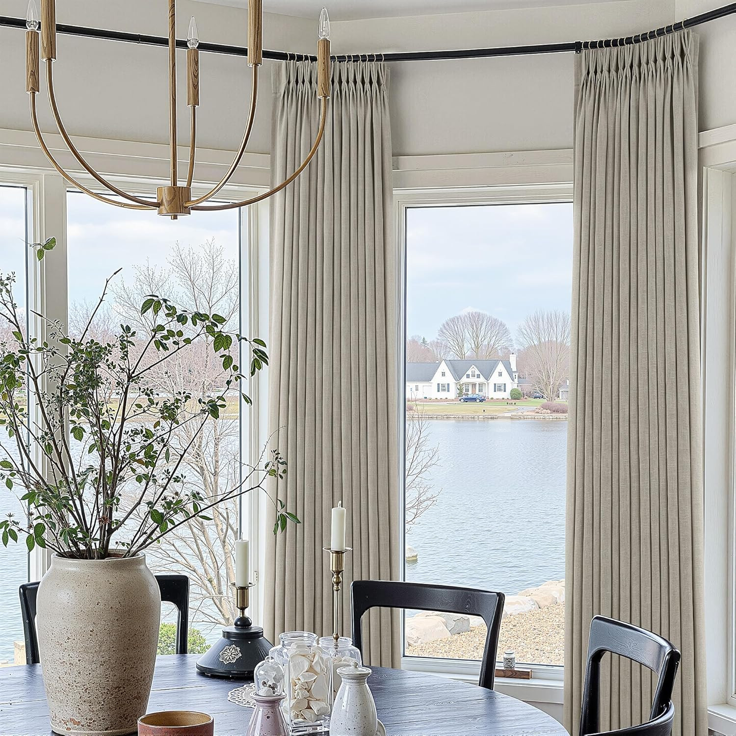 Triple Pinch Pleated Curtains for Living Room 90 Inch Linen Curtains 2 Panels Se