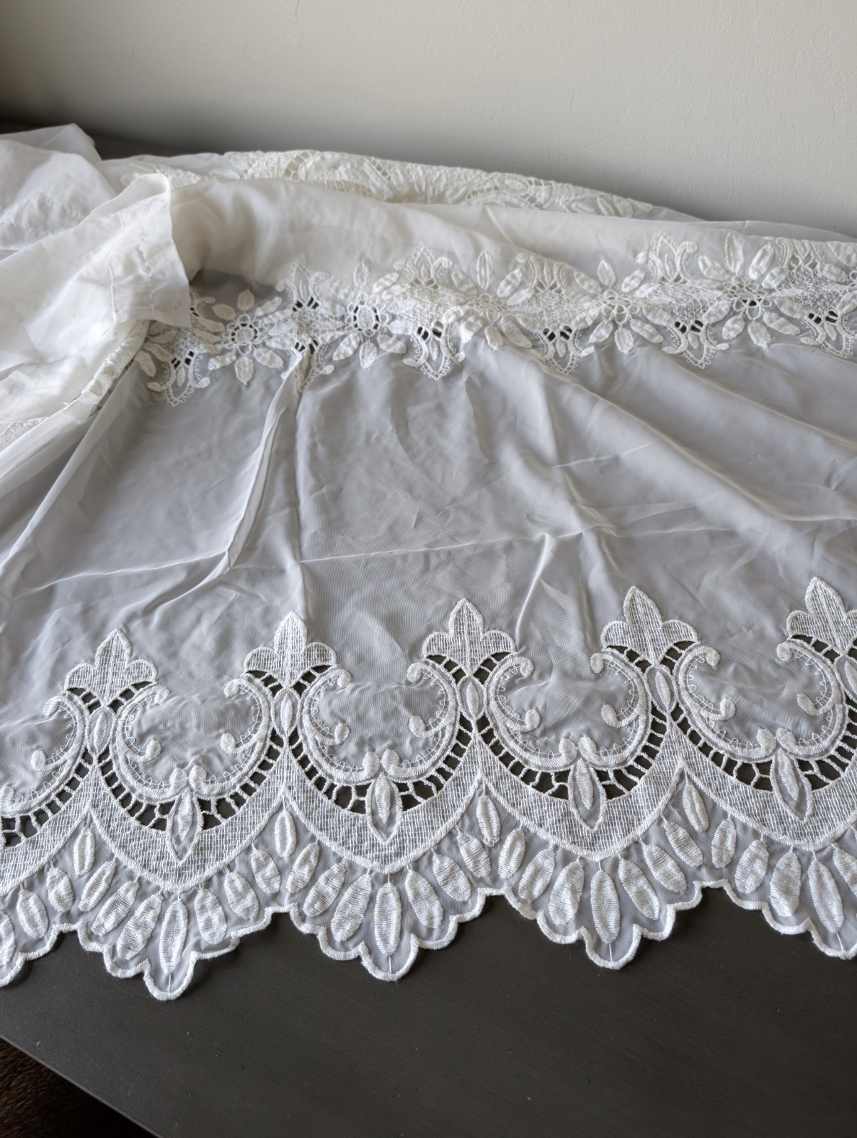 Boho Cottagecore Cream Lace Mesh Sheer Curtains Floral Pattern Scalloped Hem