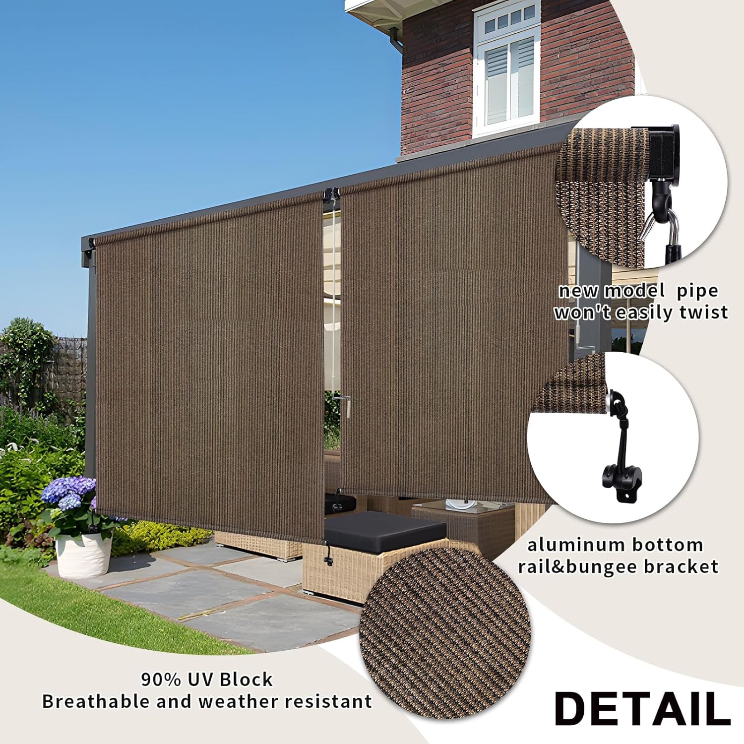 Outdoor Roller Shade 10′ W X 8′ H, 220GSM HDPE Breathable Sun Shades Outdoor