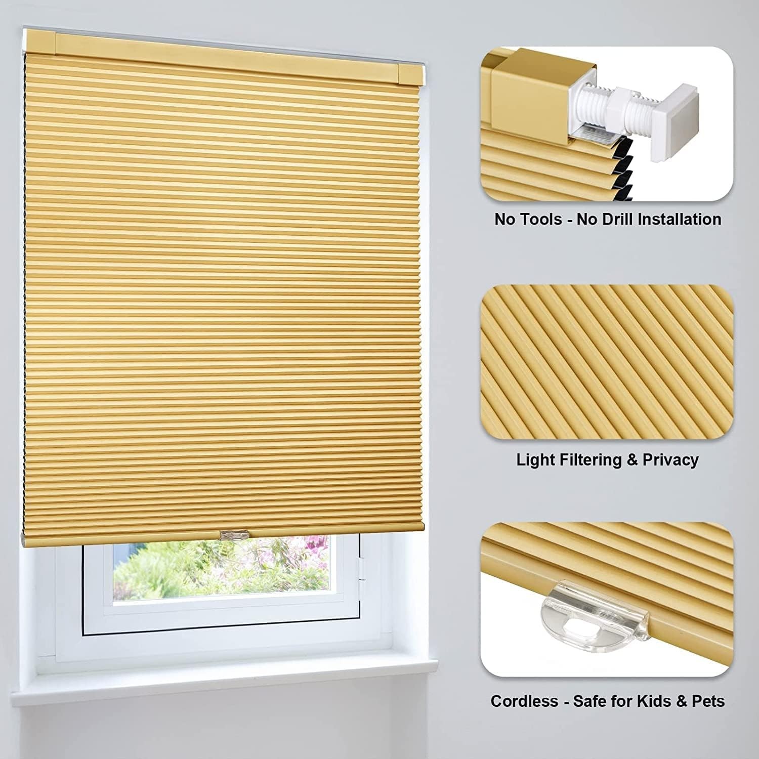 LazBlinds Cordless Cellular Shade No Drill Blackout Honeycomb Shades 23″W x 64″H
