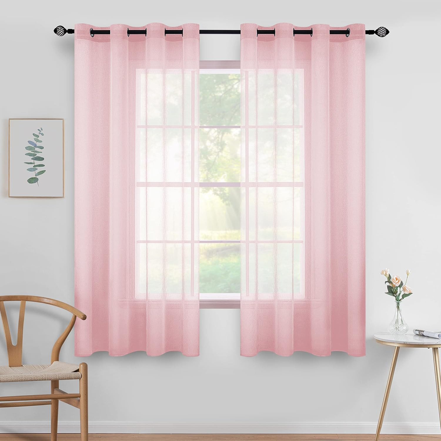 2 Panels Pink Semi Sheer Window Curtains Spring Elegant Grommet Top Window Voile