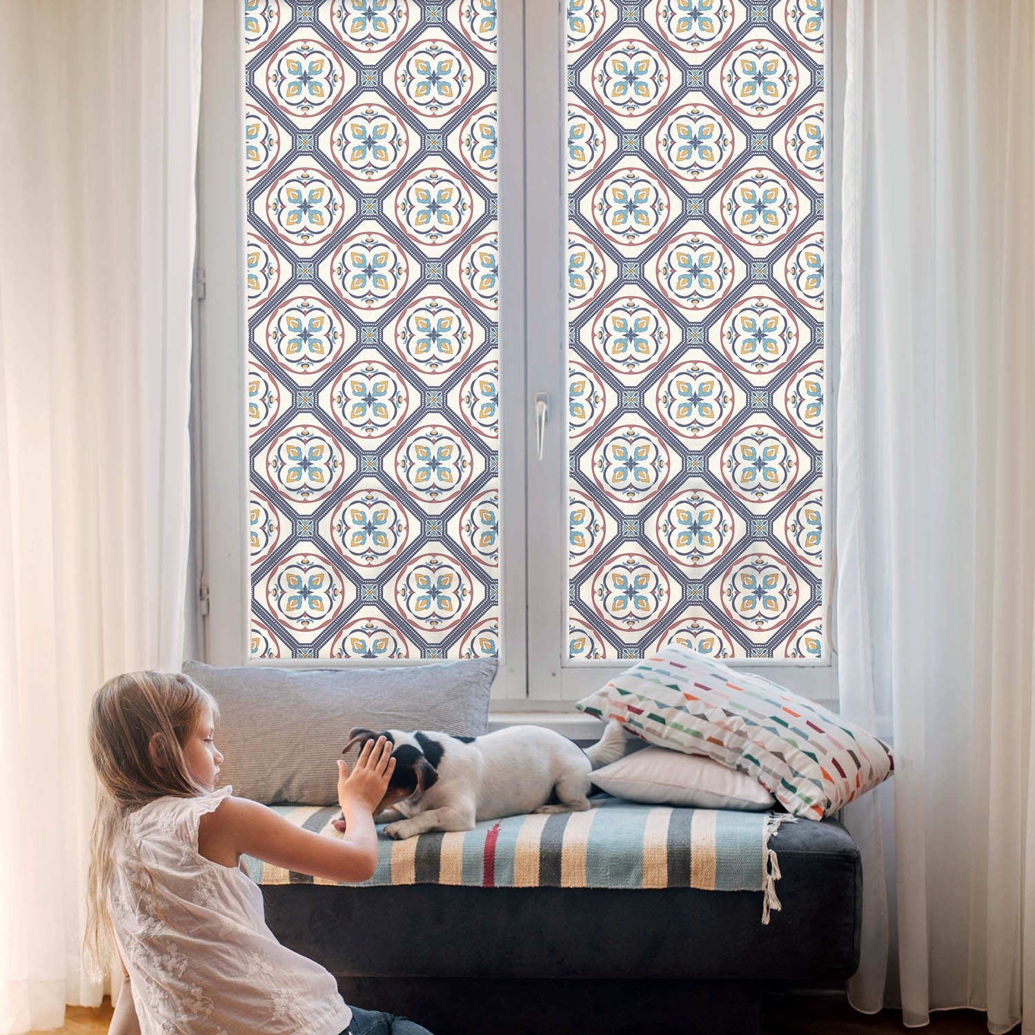 Frosted Window Film Self Adhesive Privacy Tile Pattern Geometry Navy