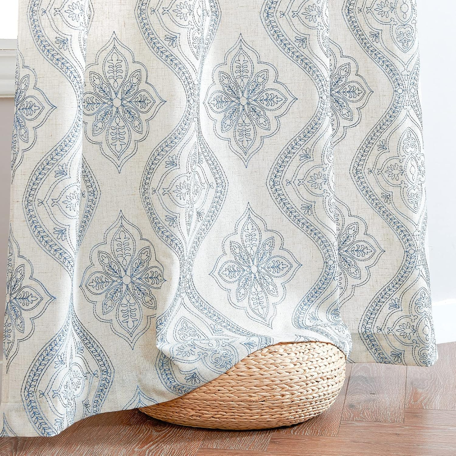 Embroidered Boho Linen Curtains – Light Filtering Grommet Panels, 84″ Blue/Ecru