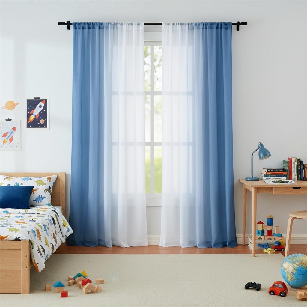 Purainbow Blue Ombre Sheer Curtains 84 Inch Length For Living Room Bedroom
