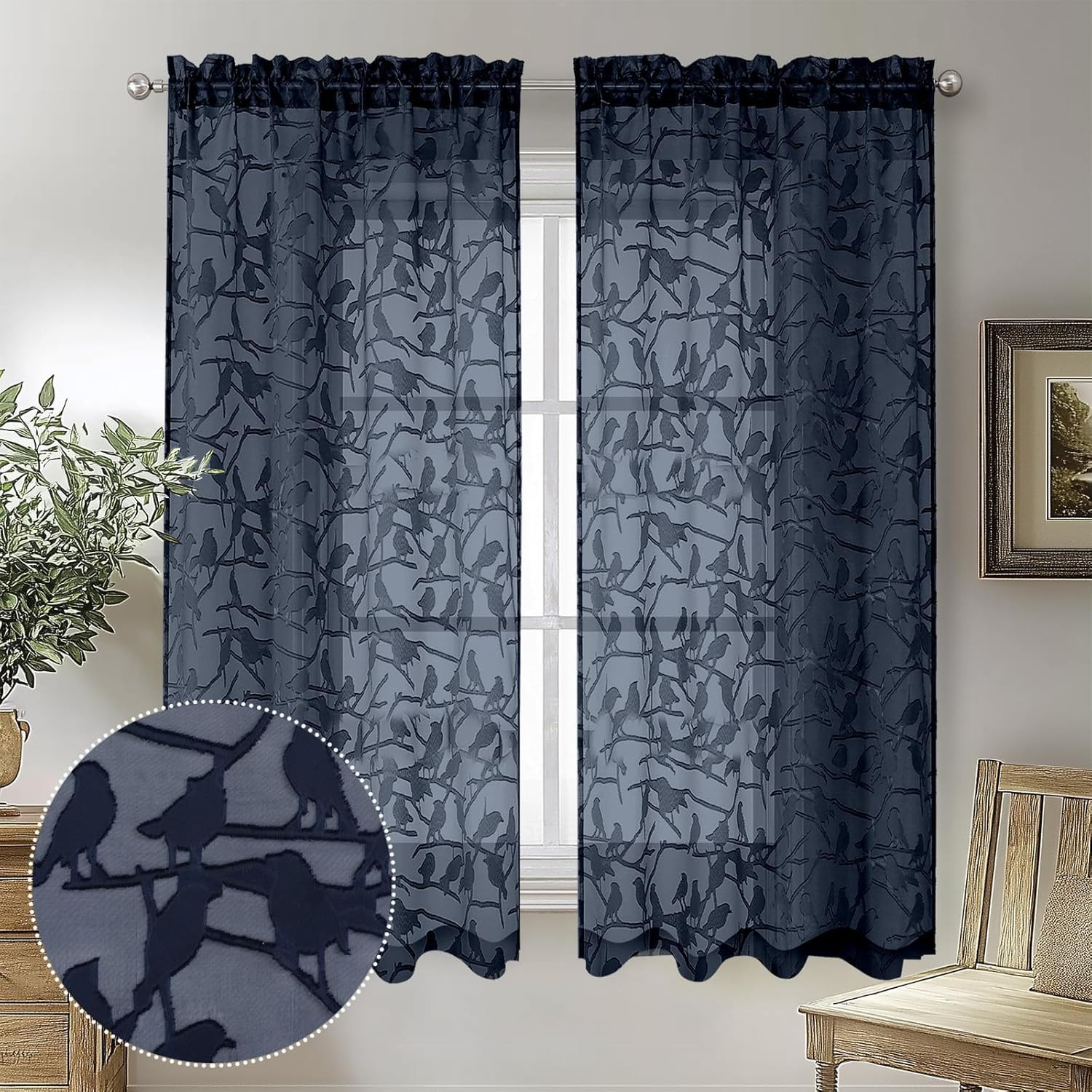 Navy Blue Sheer Curtains 54 Inch Length 2 Panels, Soft Airy Light Filtering Brea
