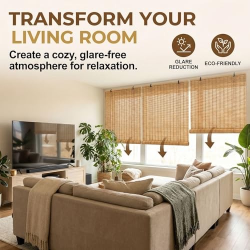 Bamboo Blinds for Interior Windows, Natural Roll Up Bamboo 23″W x 48″H A