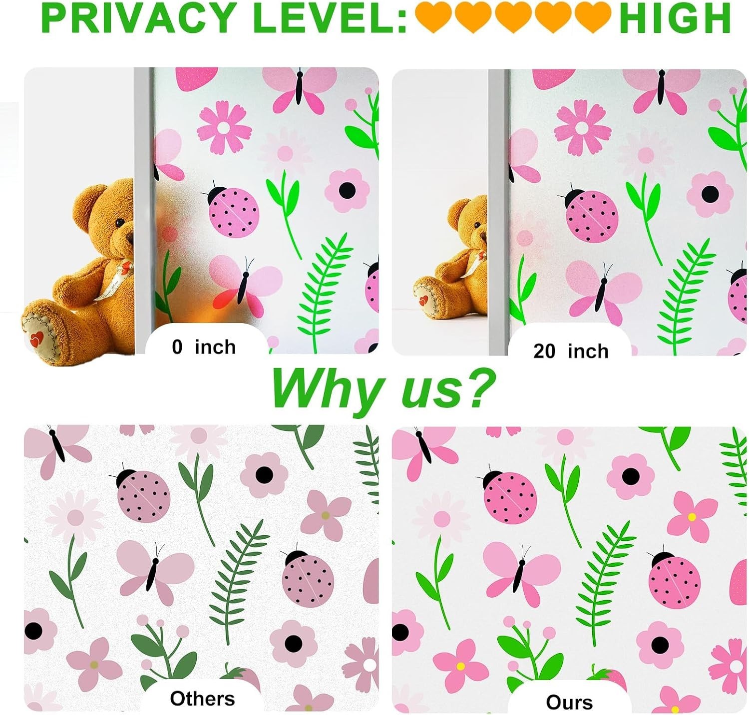 SOMWISE Frosted Window Privacy Film Pink Garden 23.5″x78.5″ Static Cling UV