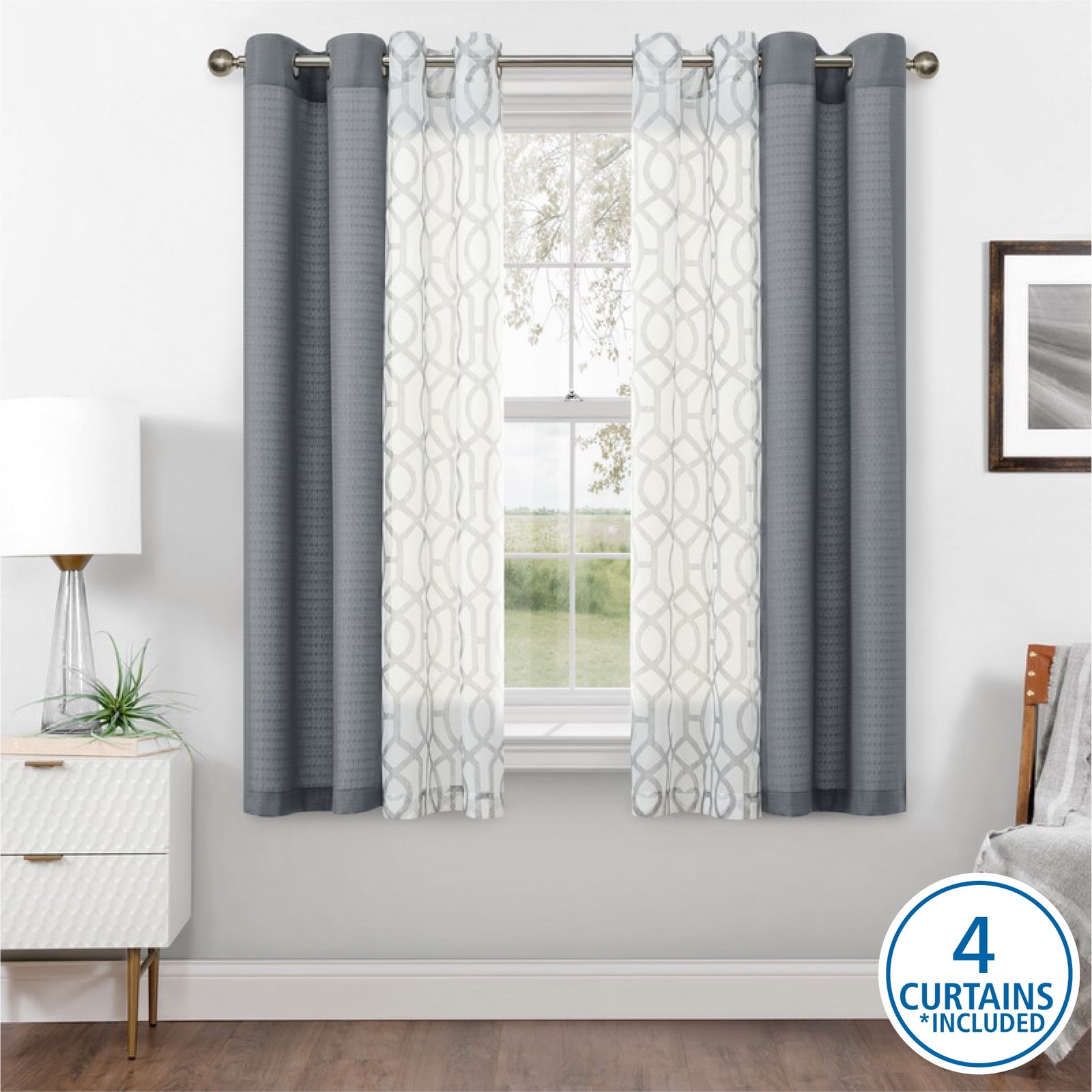 Kingswood Solid and Printed Sheer Grommet Curtain Panel Set, 4 Piece, Gray