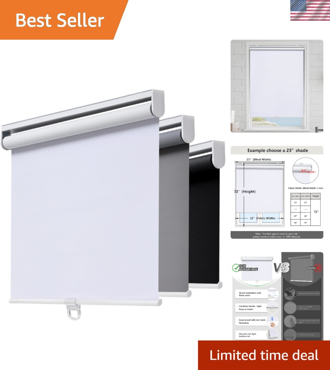 Stylish Blackout Window Shades 23″W x 72″H – Cordless Design, UV Protection