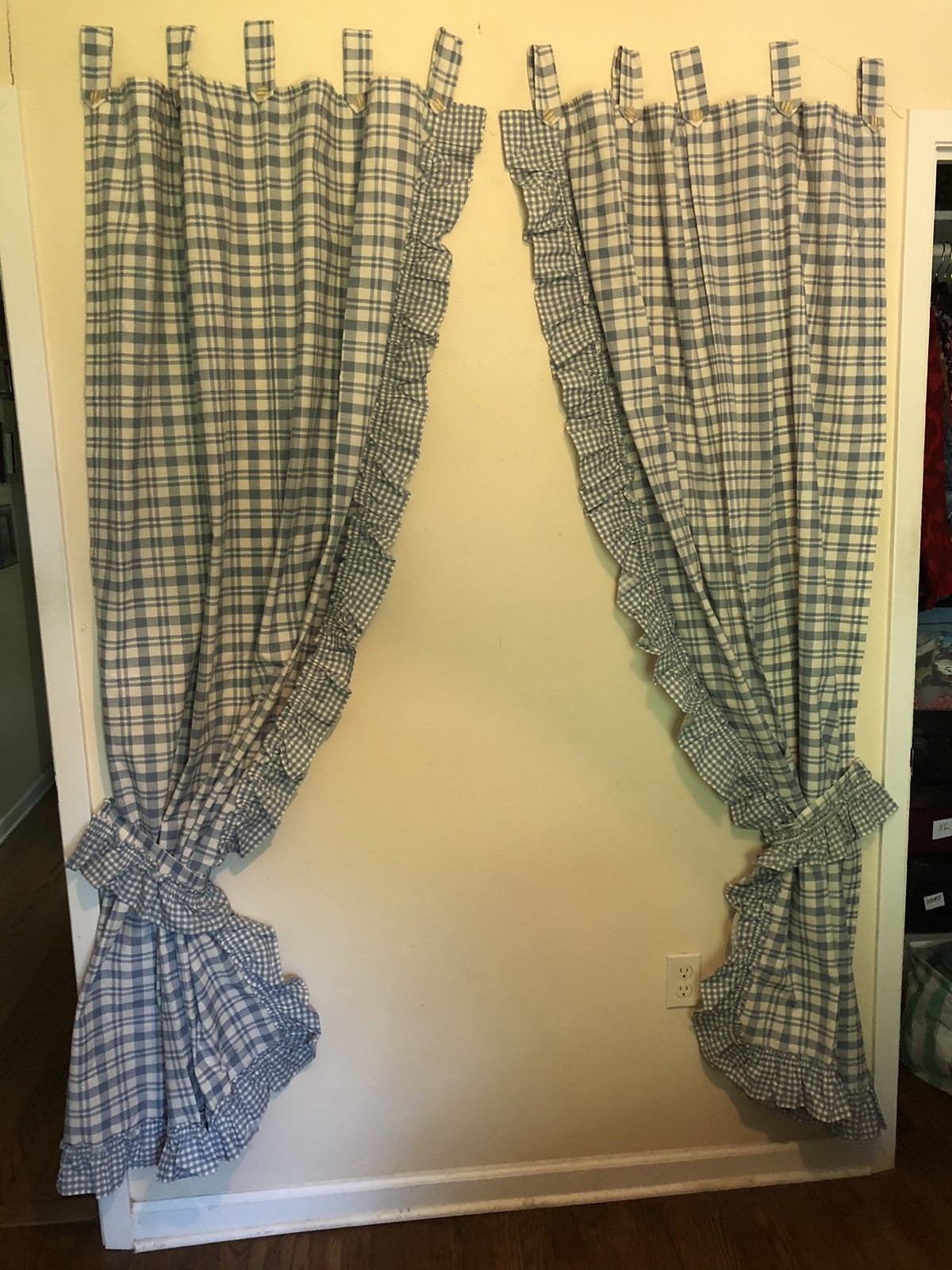 Cottagecore Set Of Curtains Blue White Plaid Ruffled Tab Top Each 80”L x 46”W
