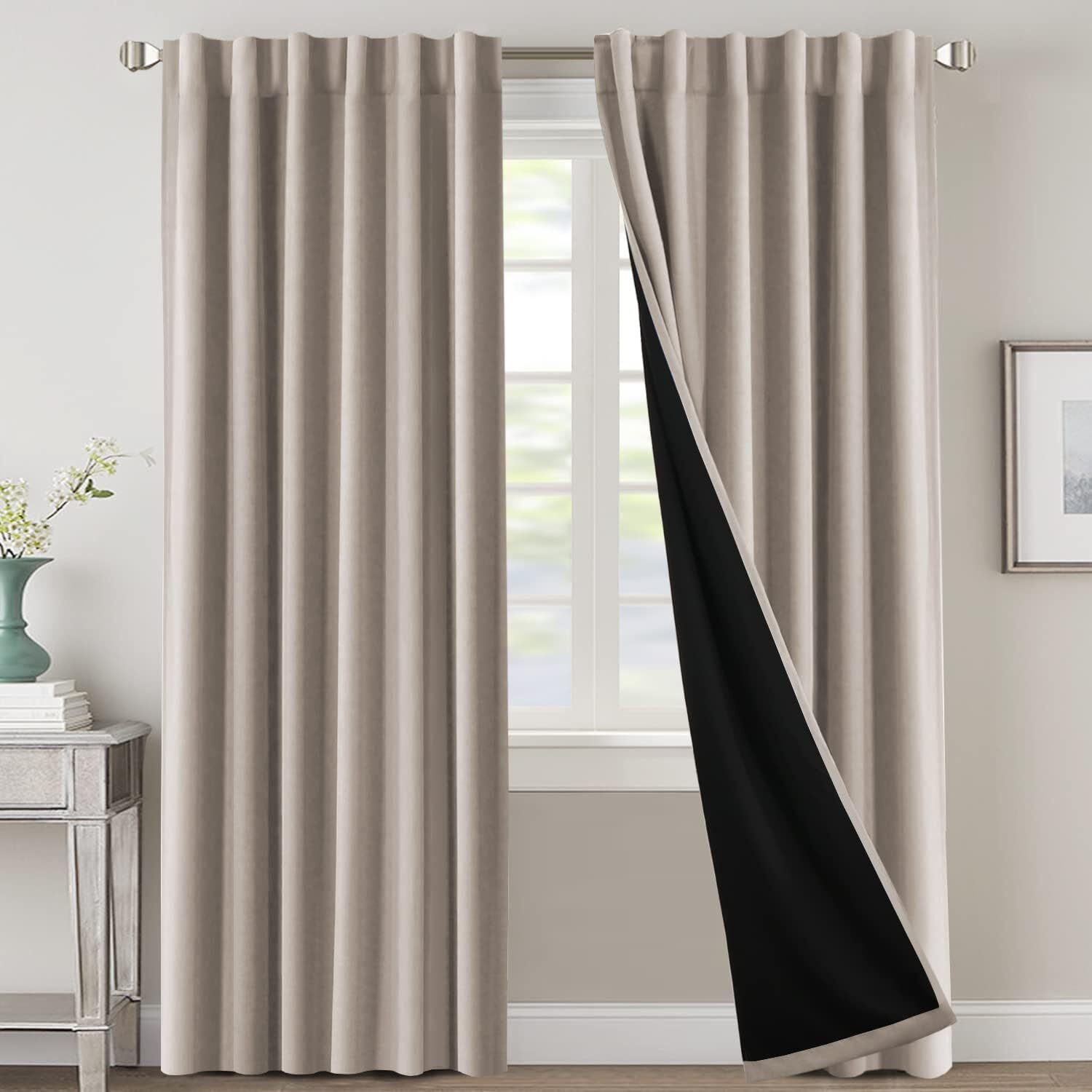 100% Blackout Curtains for Bedroom with 52″W x 96″L (Pack of 2) Natural Sand