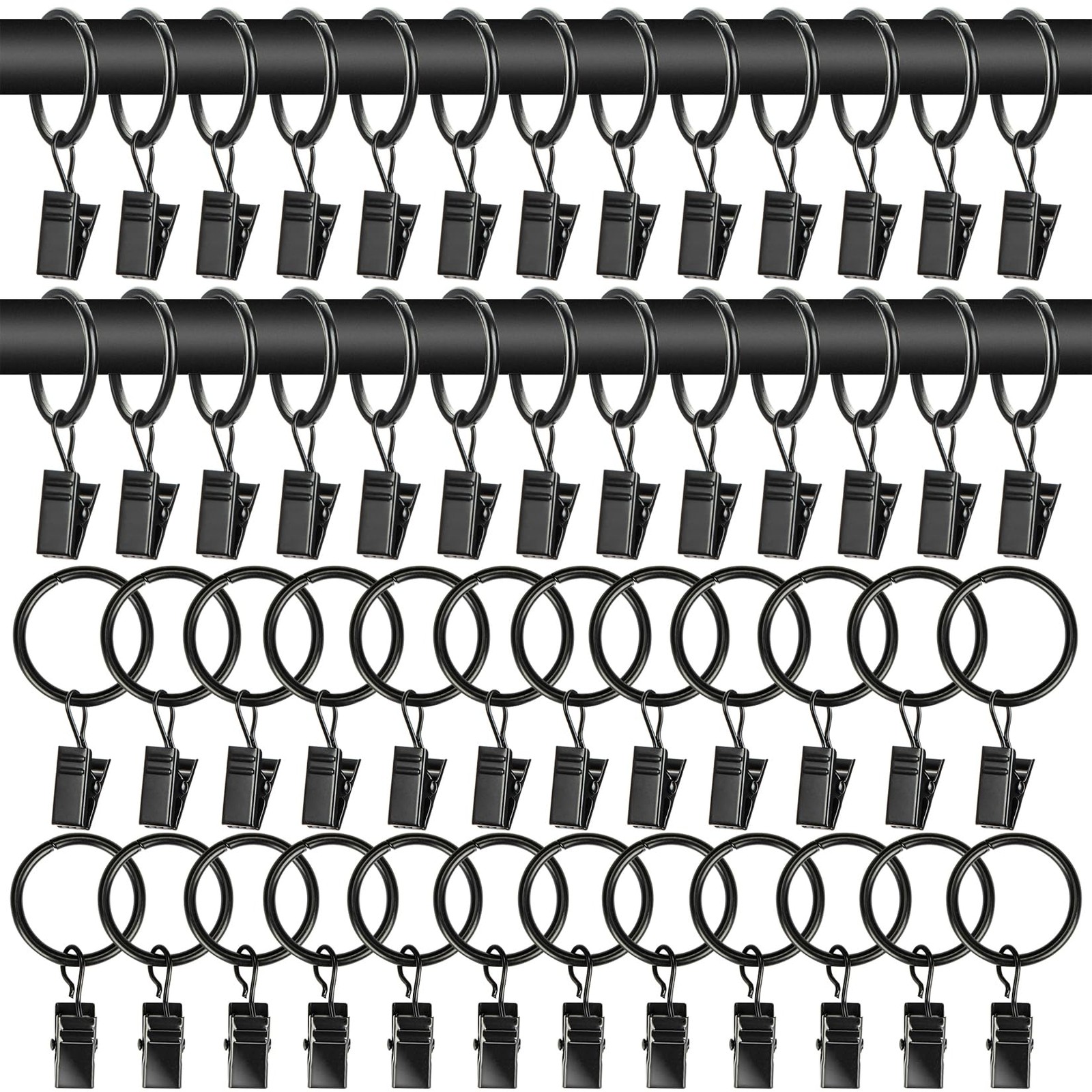 50Pcs Curtain Rings with Clips – Black Metal Drapery