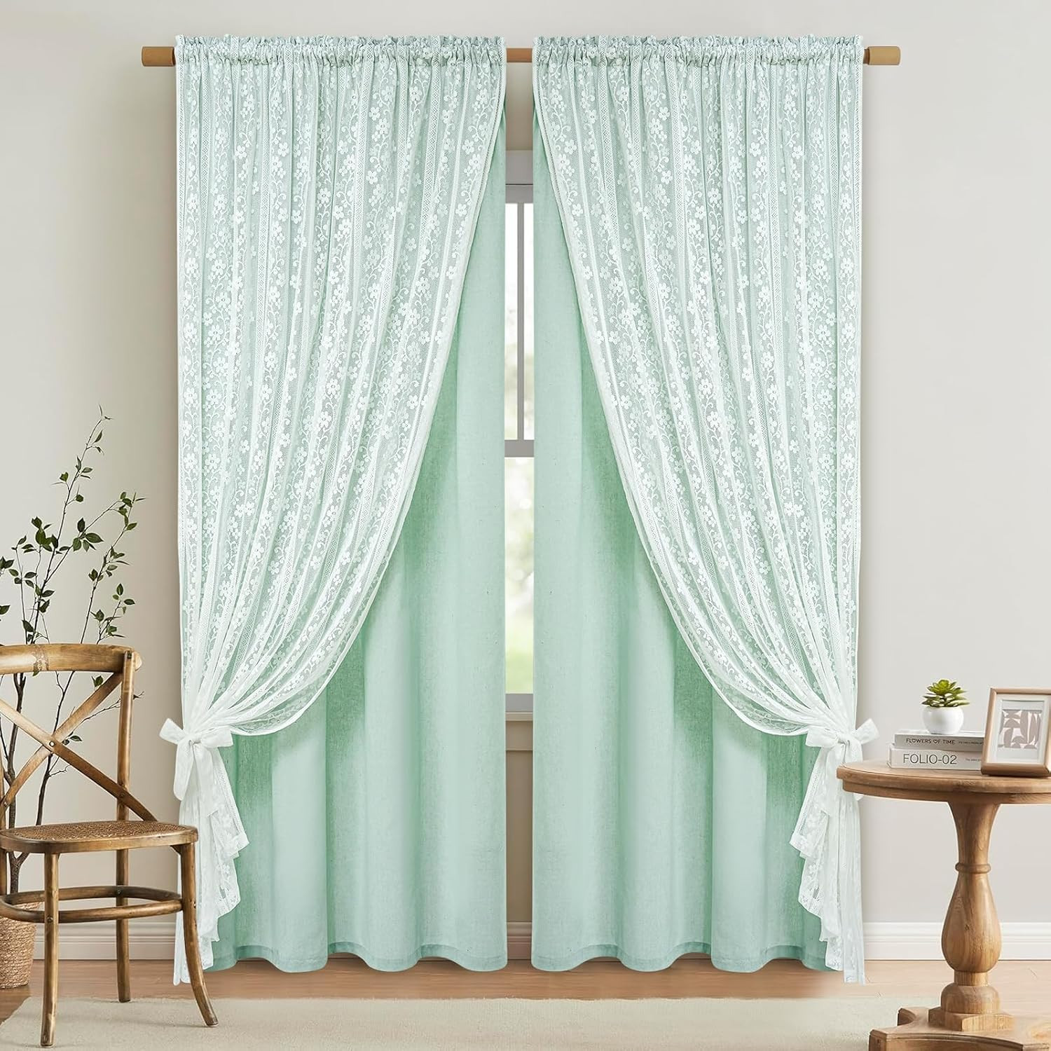 Linen Curtains for Bedroom Double Layer Curtain 63 Inch Length 2 Panels, Farmhou