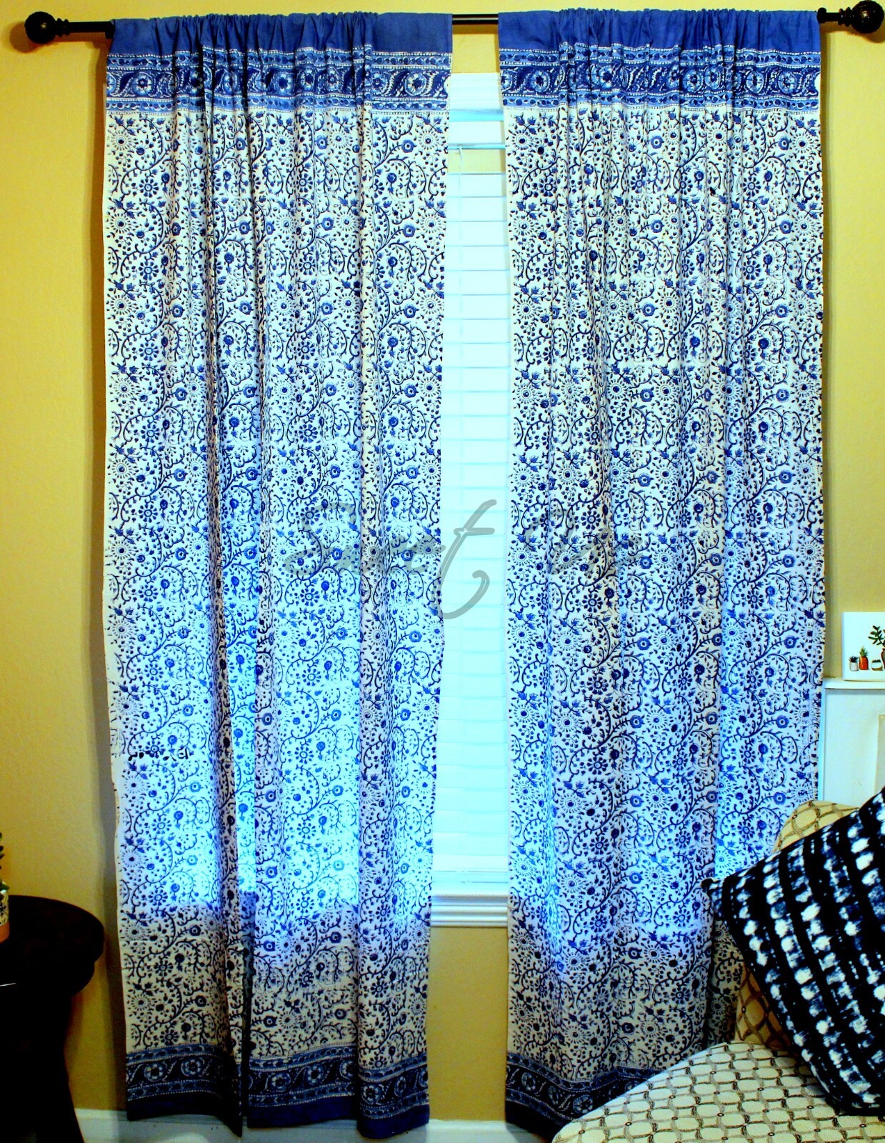 Cotton Block Print Floral Curtain Drape Blue White 46×88 Door Panel