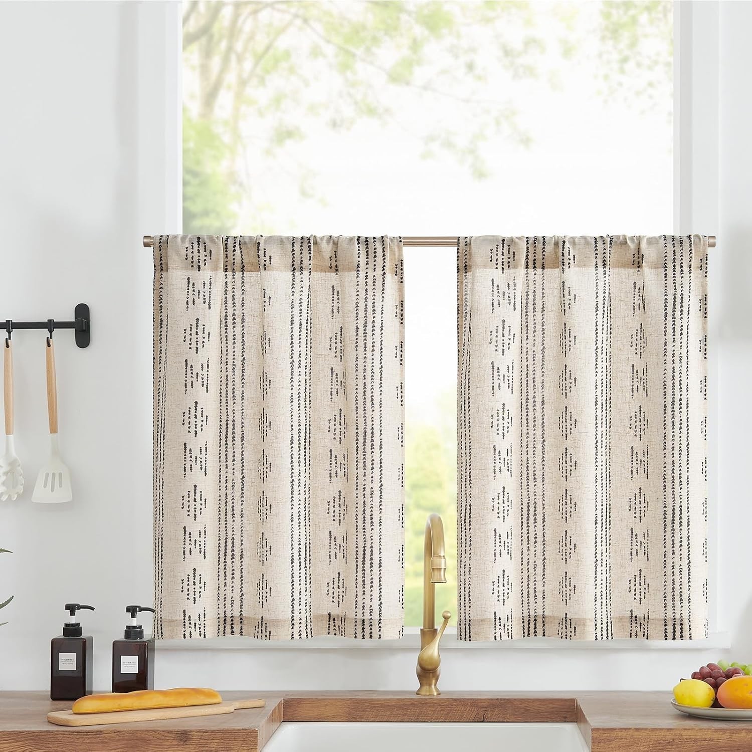 Boho Kitchen Linen Tier Curtains 30 Inch Bohemian Cafe Curtains Farmhouse Nat…