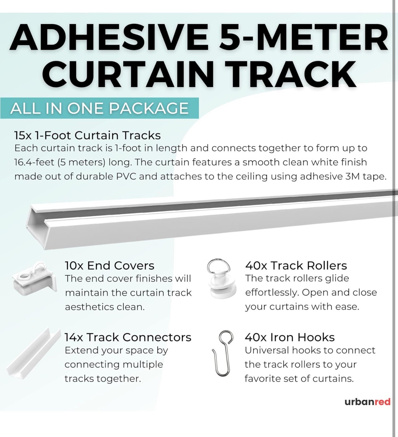 UrbanRed Self Adhesive Ceiling Or Wall Curtain Track (16.4 FT, 5 Meters)