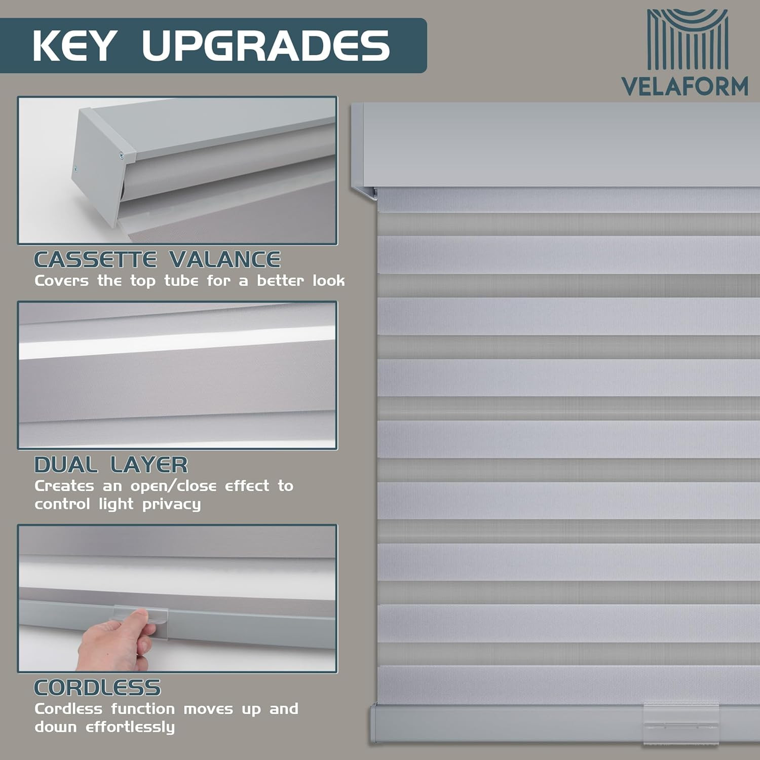 Cordless Zebra Blinds for Windows, Free-Stop, Light Filtering (45″ W X 72″ H, Gr