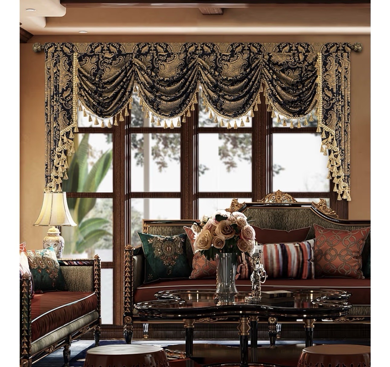 Loom&Mill Luxury Waterfall Valance Black/Gold 110W”x45L” Elegant/Gorgeous