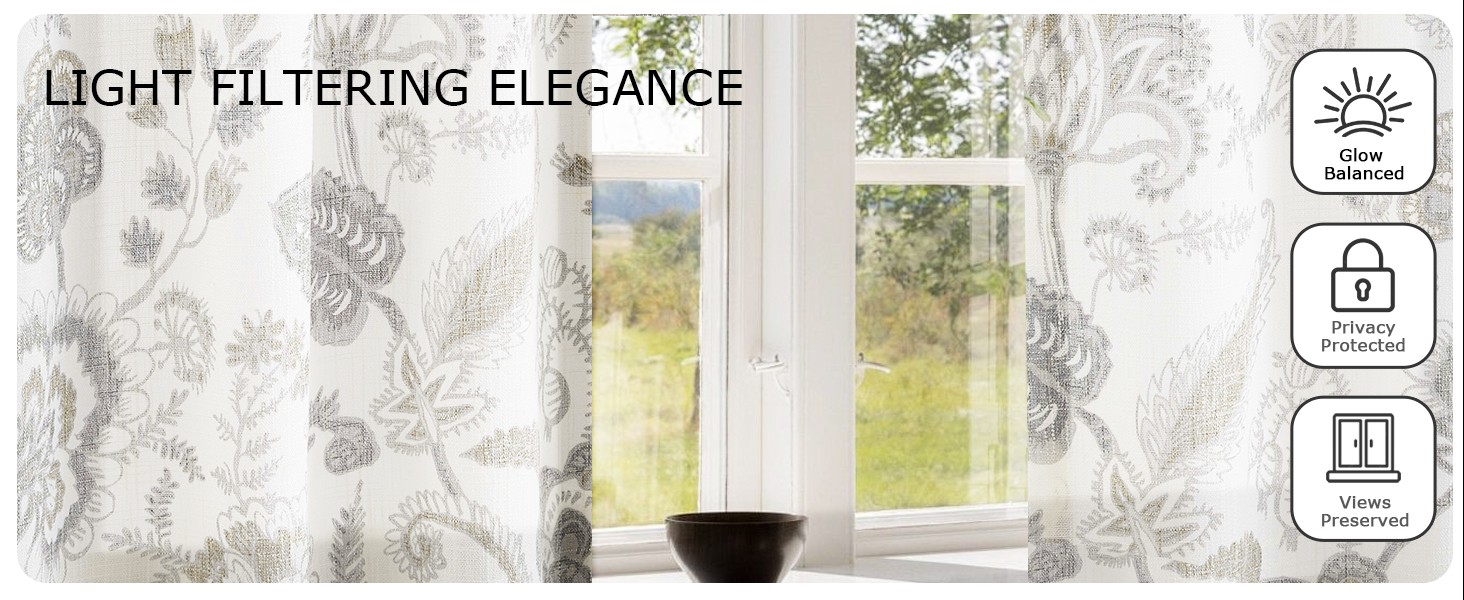 Floral Leaf Print Light Filtering Curtains Grey Linen Botanical Leaf Flower