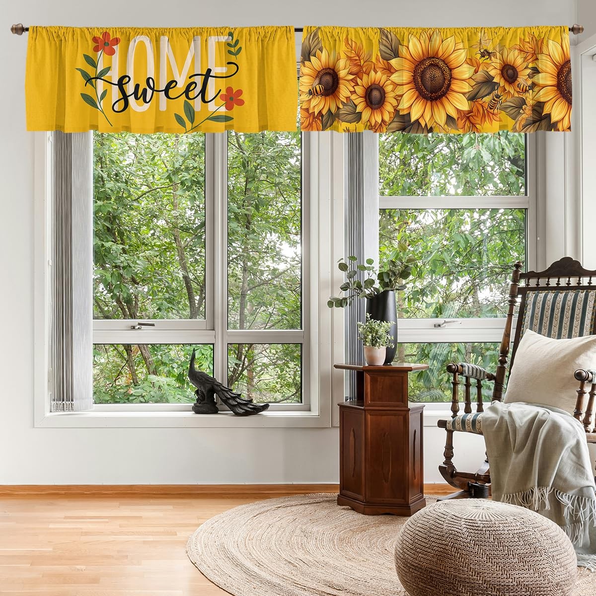 Flower Valance Curtain for Windows 2 Pack, Sunflower Bee Summer Garden Sweet …