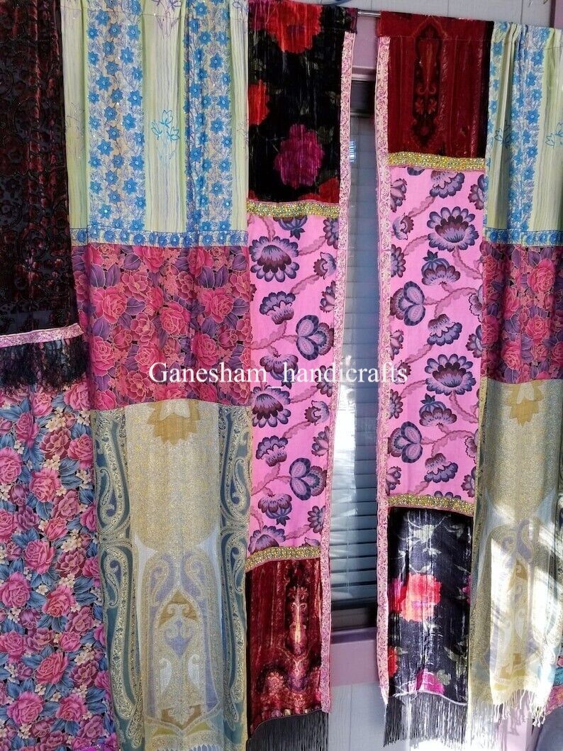 Indian Old Recycle Silk Saree Boho Multi Curtain Door Drape Decor Curtain 2Pc