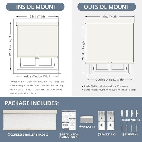 Blackout Roller Shades Cordless Blinds for Windows, 29″W x 72″H Linen Beige