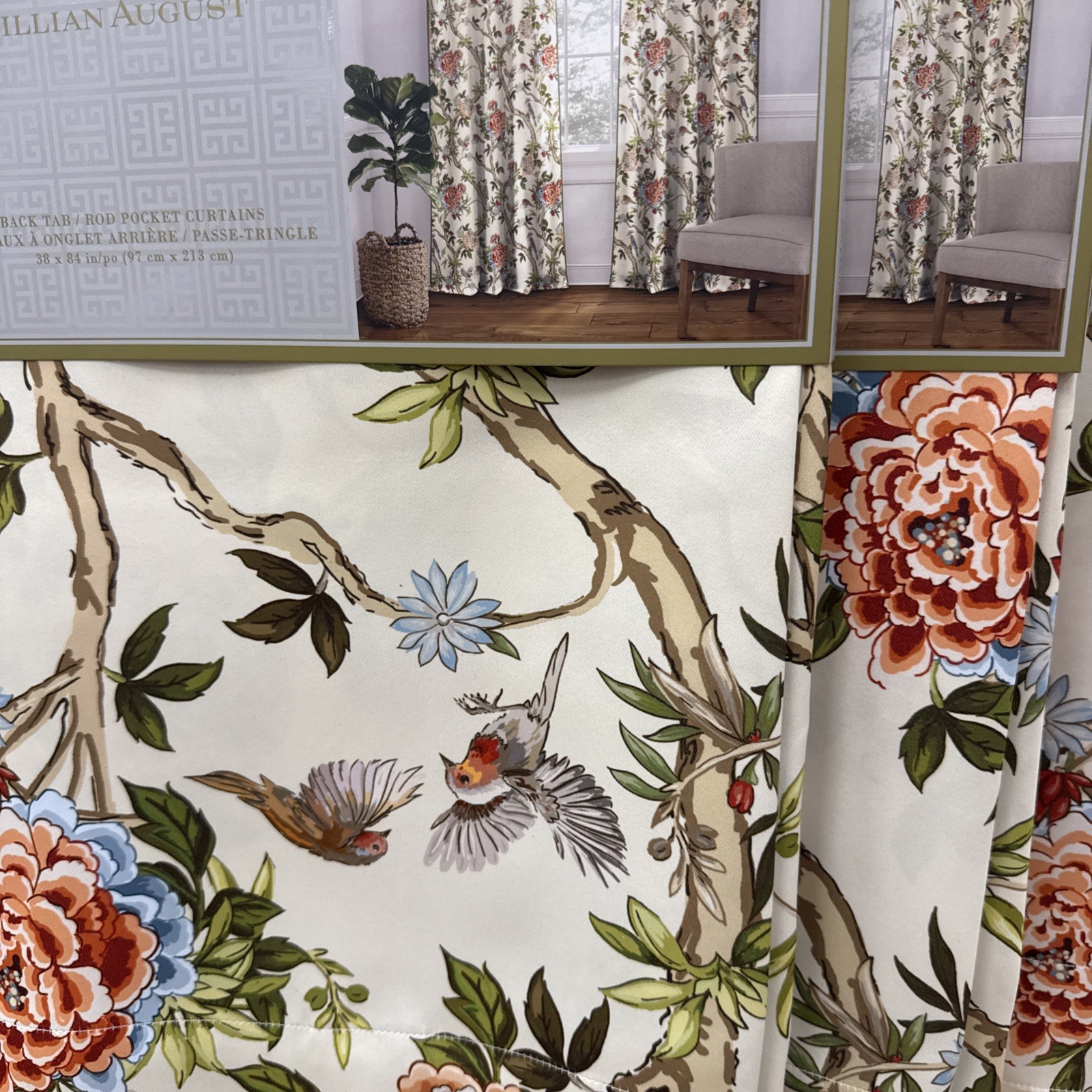 Lillian August Bird Floral Multi Two Back Tab Rod Pocket Curtains 84 in. New