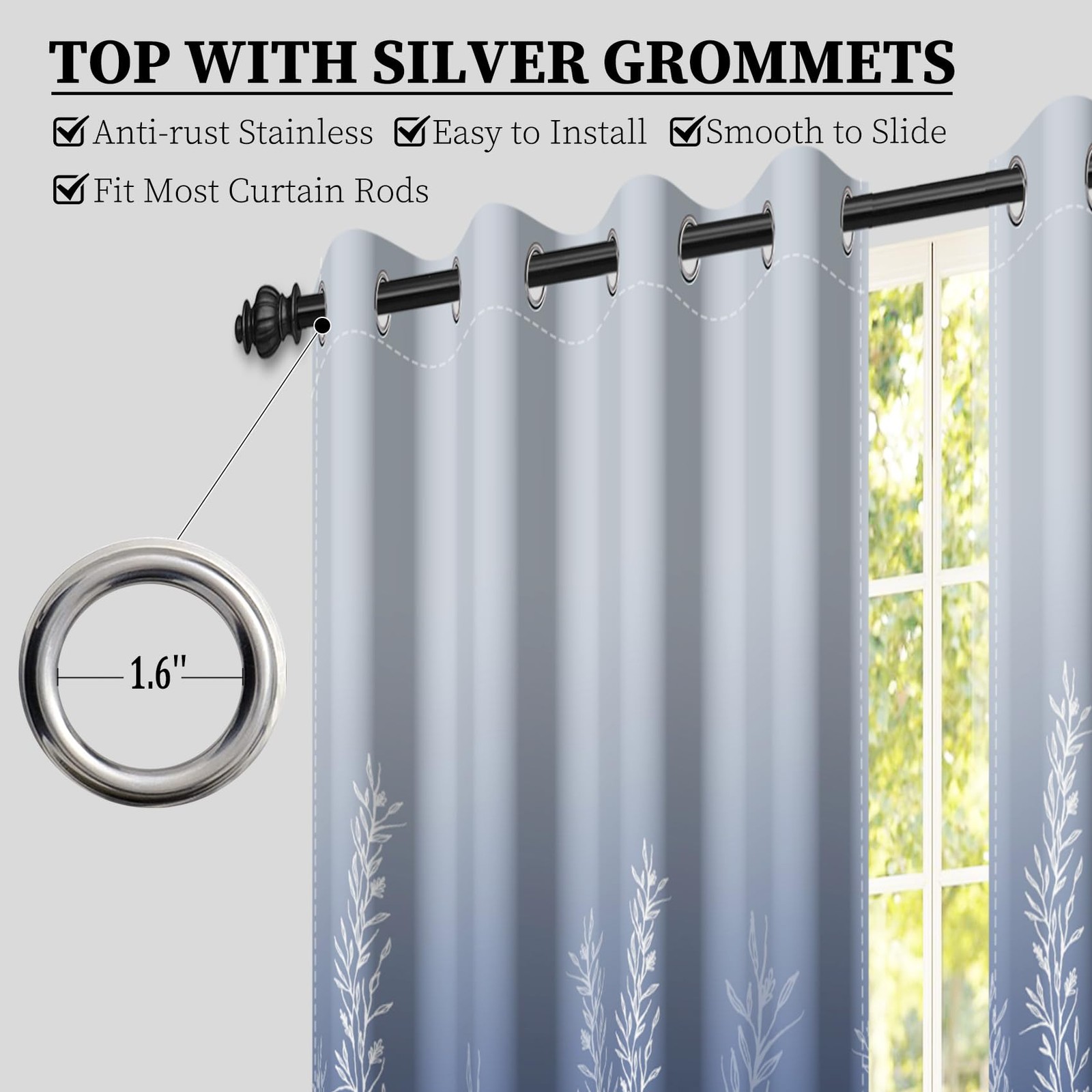 Blue Grey Gradient Wild Grass Blackout Window Curtains, Abstract Art Botanica…