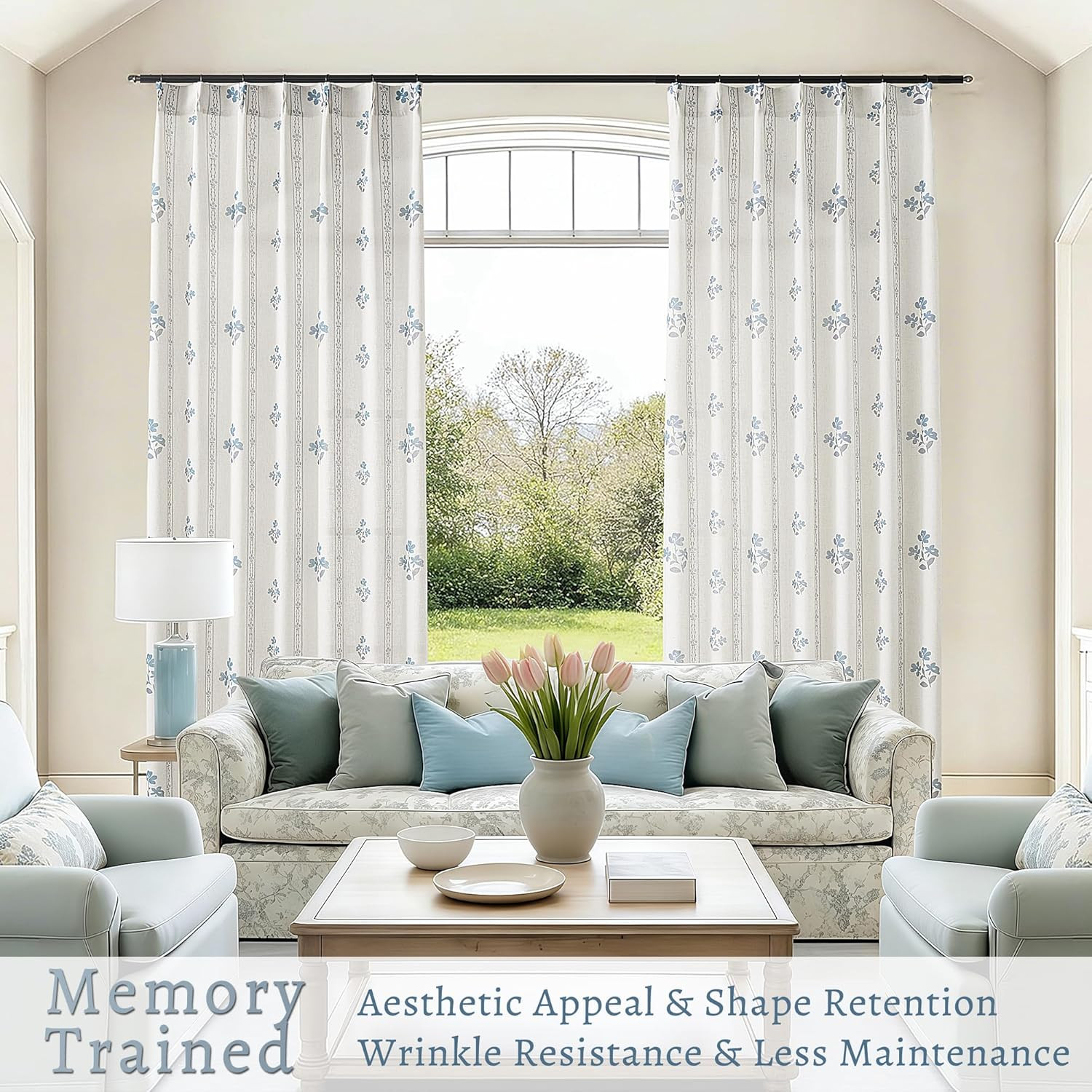 Blue Grey Pinch Pleated Floral Curtains 96 Inches Long for Living Dining Room Pi