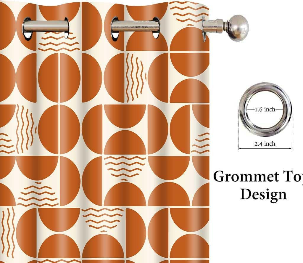 Retro Orange Patterned Curtains 2 Panels, Modern Boho Circle Mid Century Blackou
