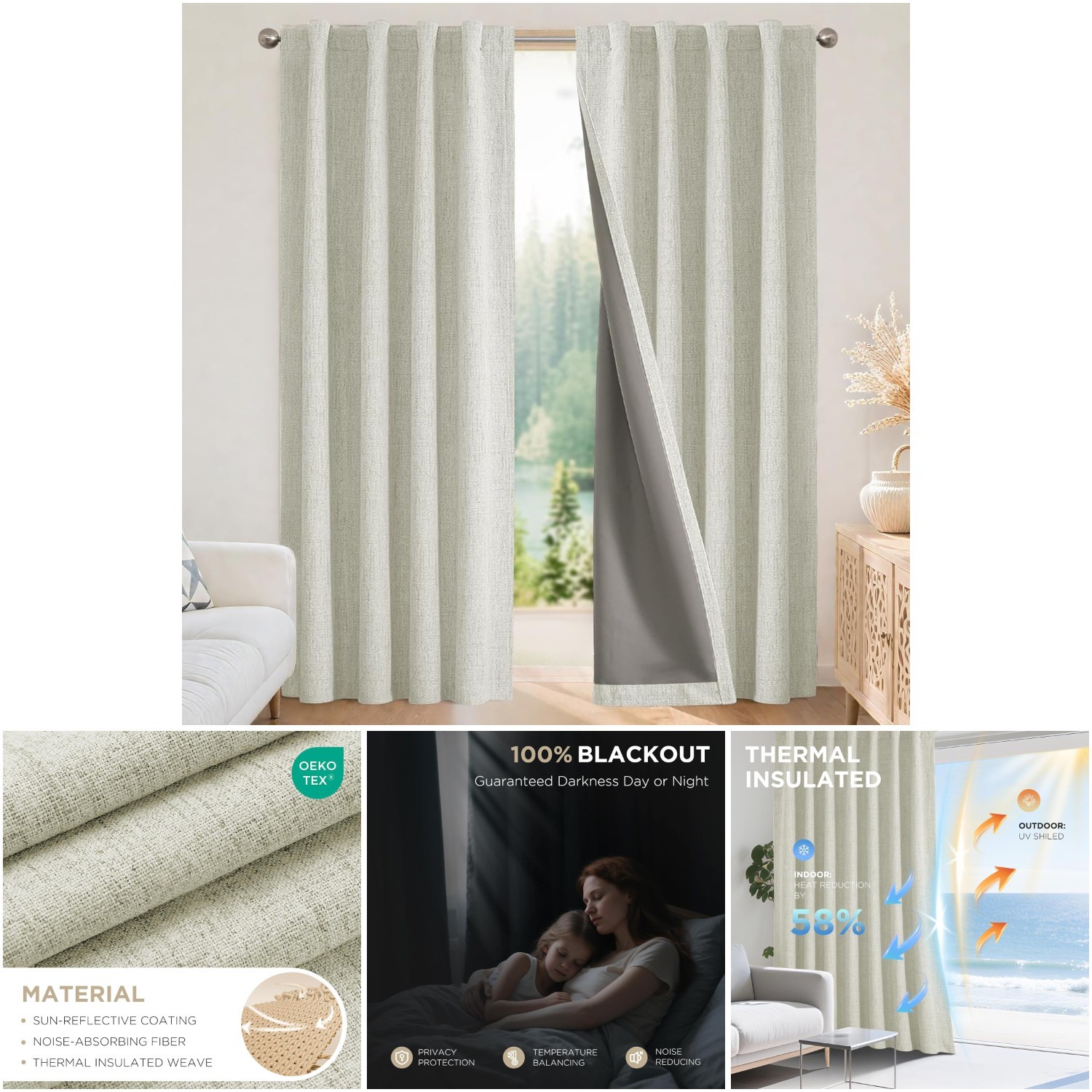 108 Inch Long Beige Blackout Curtains Thermal Insulated Room Darkening Panels