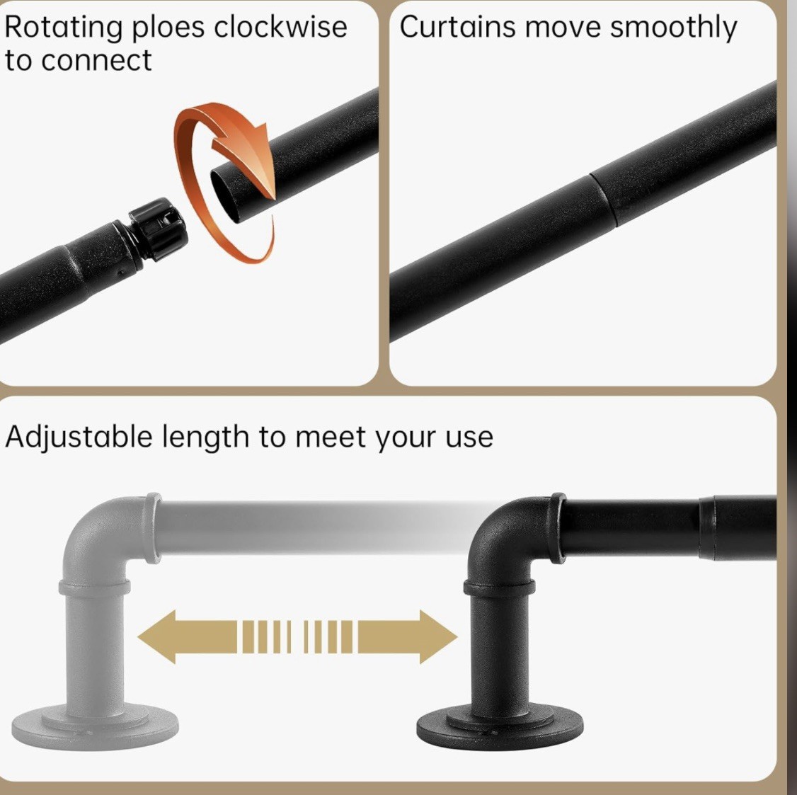 Industrial Curtain Rods for Windows 66 to 120 Inches, 95-150 INCH, Black