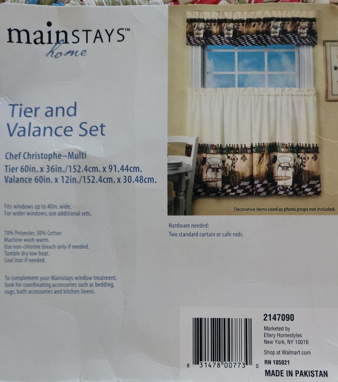 Mainstays Home ~ 3 Pc. Tier & Valance Set ~ Chef Christophe ~ Multicolored