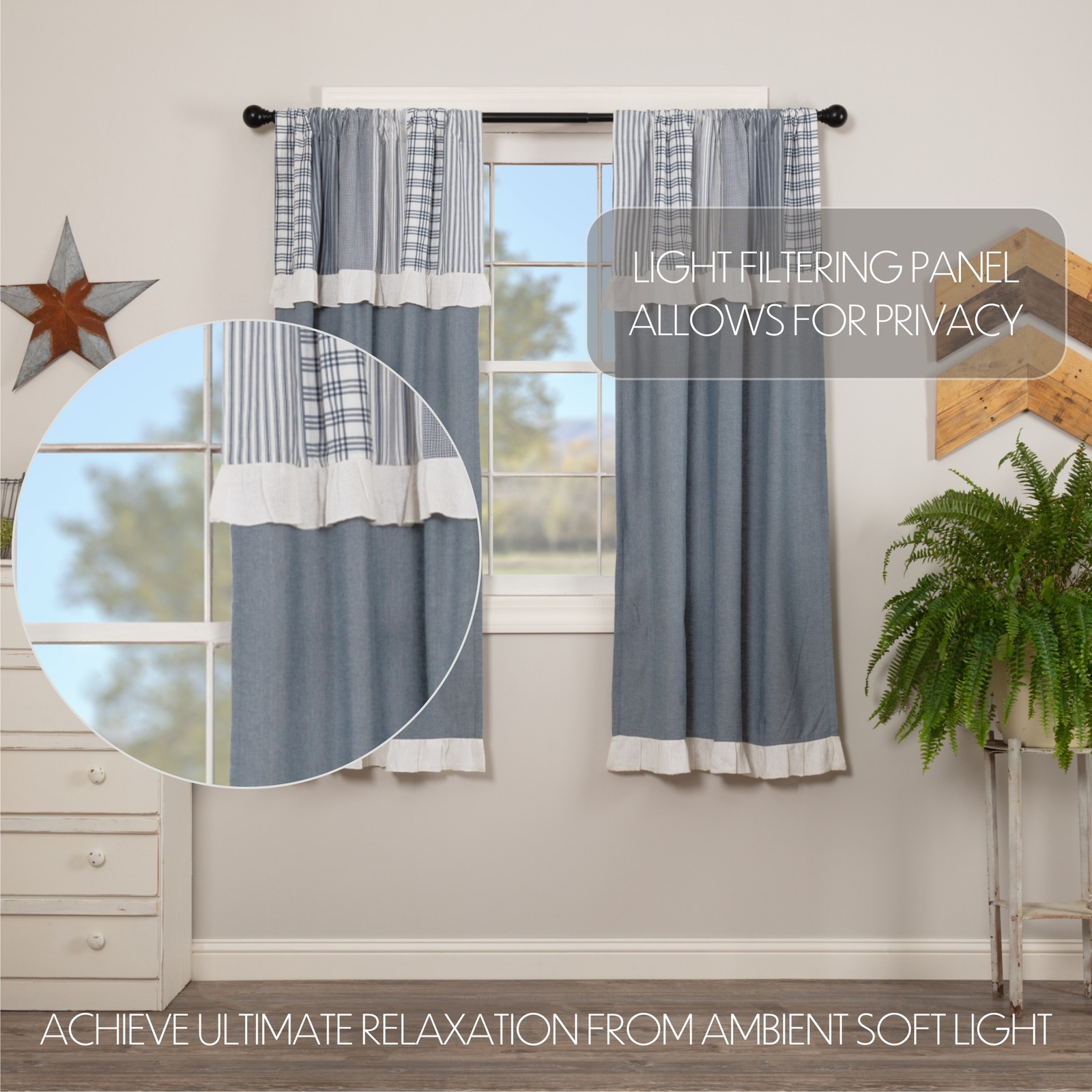 VHC Brands Farmhouse 63″x36″ Panel Pair Blue Rod Pocket Sawyer Window Curtains