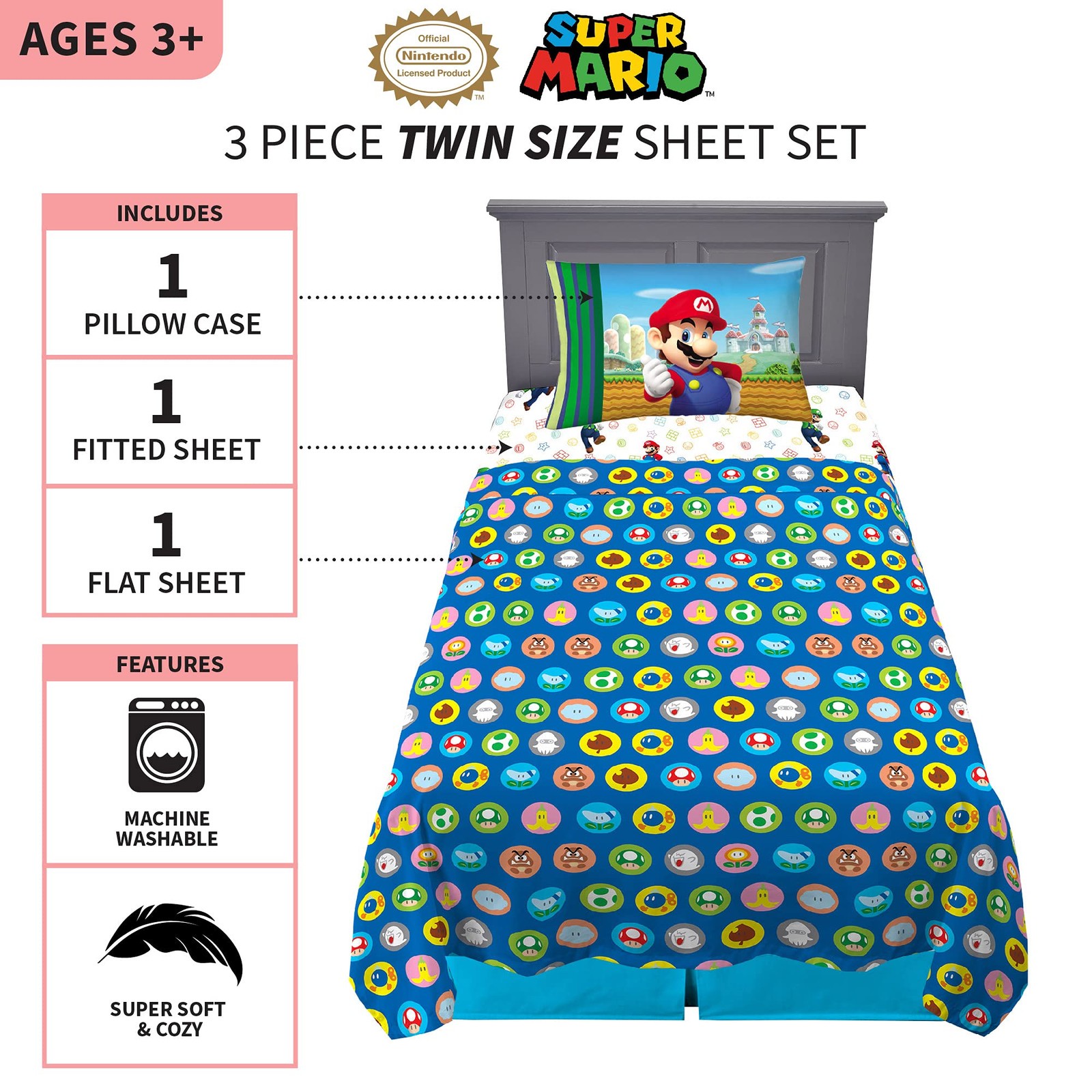 Franco Kids Bedding Super Soft Microfiber Sheet Set, Twin, Mario