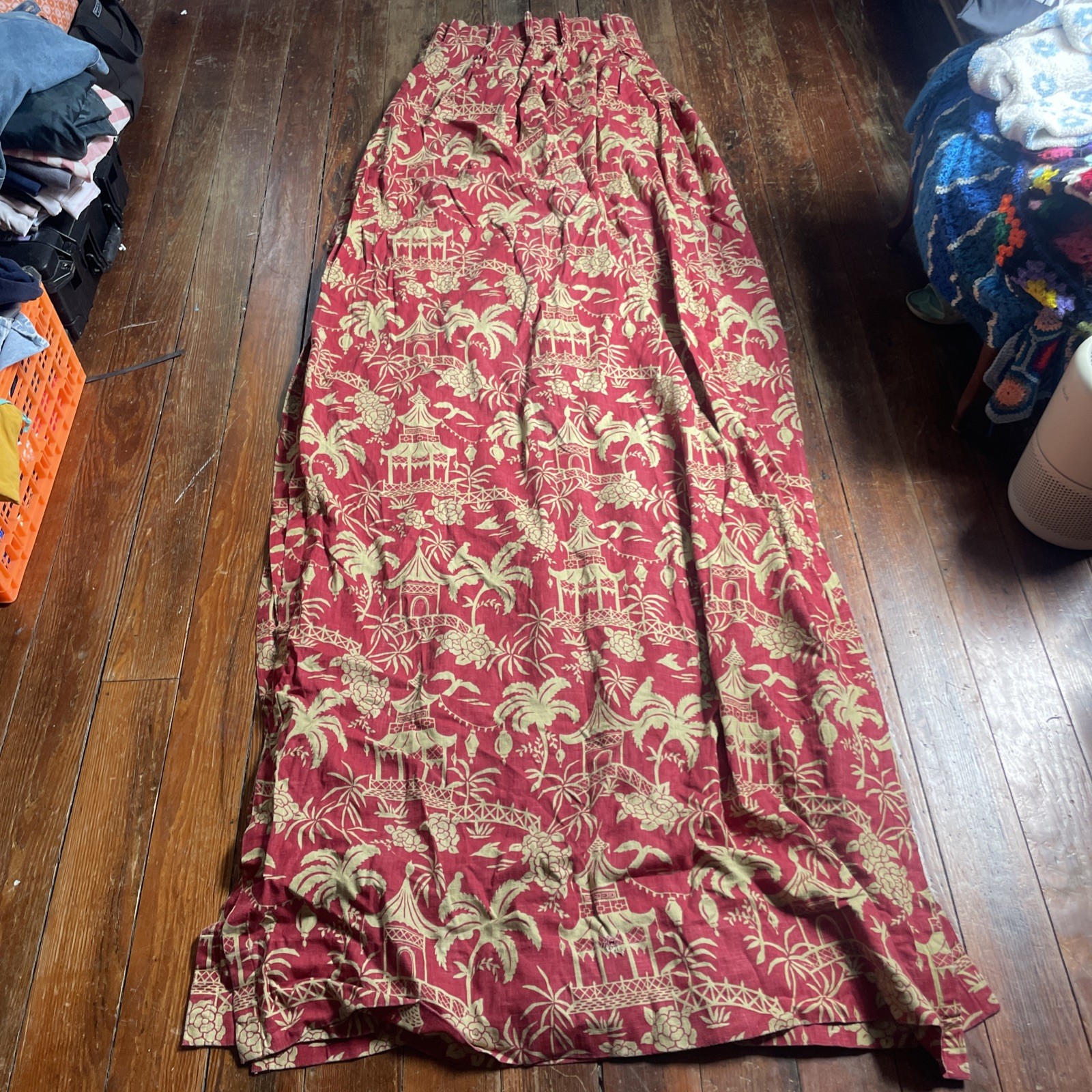 Vintage Set of 4 Pinch Pleat Curtains 70s MCM 108” Long Red Green Drapes Retro