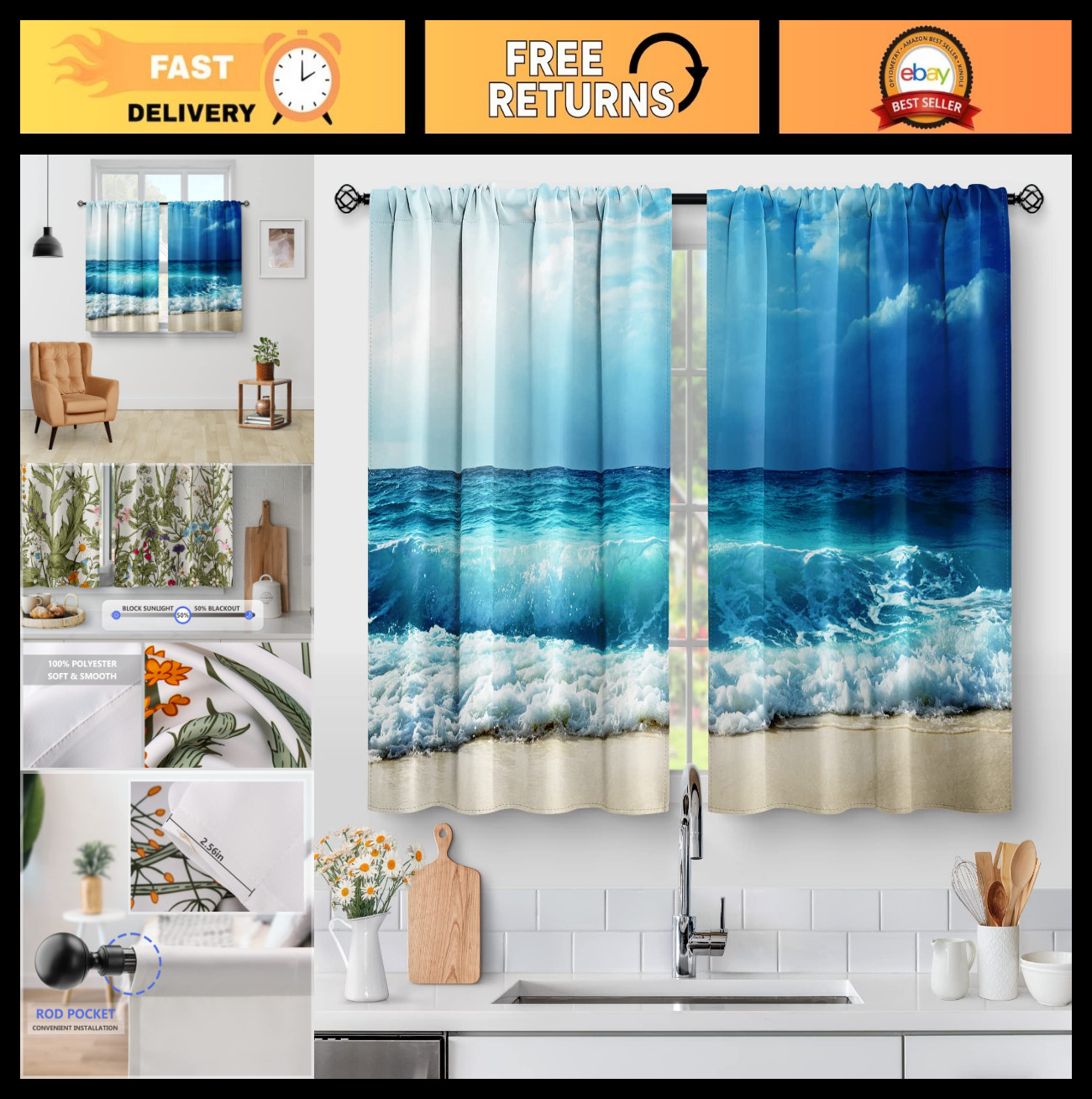Seascape Beach Kitchen Curtains – Blue Waves Cafe Tier Drapes 36″ 2 Panels Set