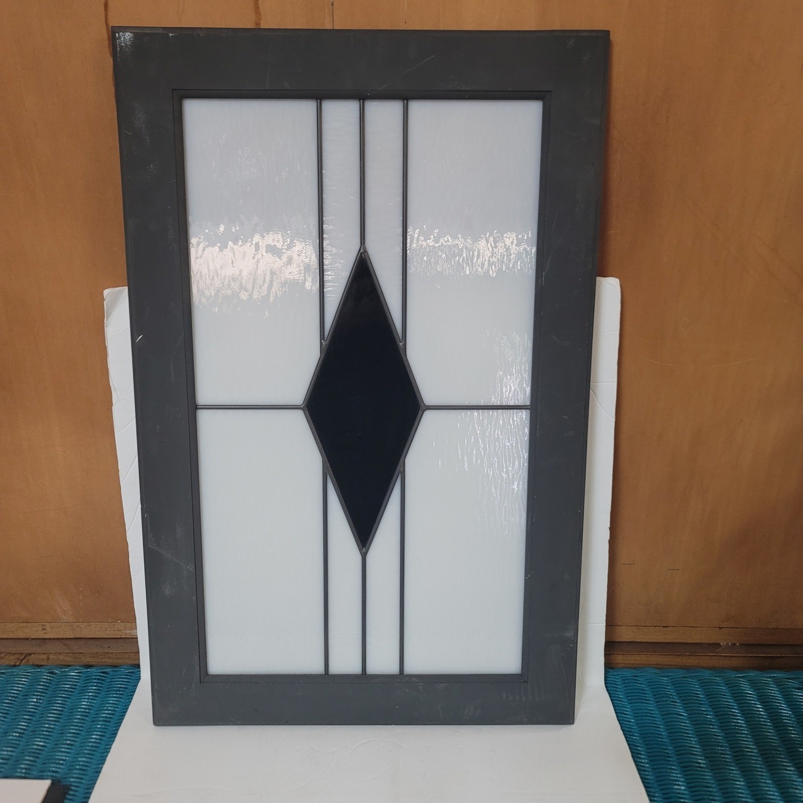 Stained glass Panel Geometric Art Deco gray black white Diamond Framed 26″ x 18″