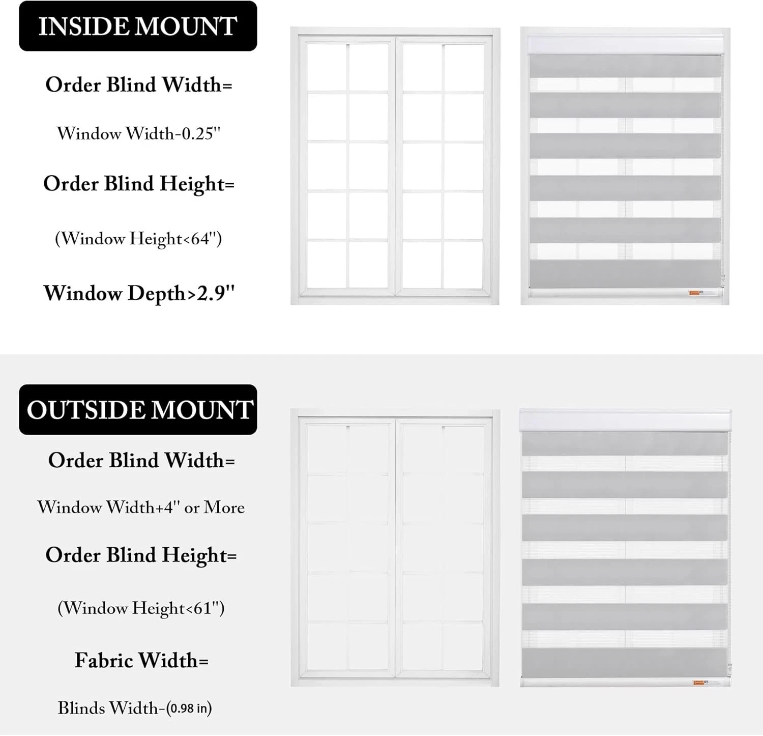Cordless Zebra Blinds with Free-Stop – Dual Layer Light Filtering, 36″x64″- Gray