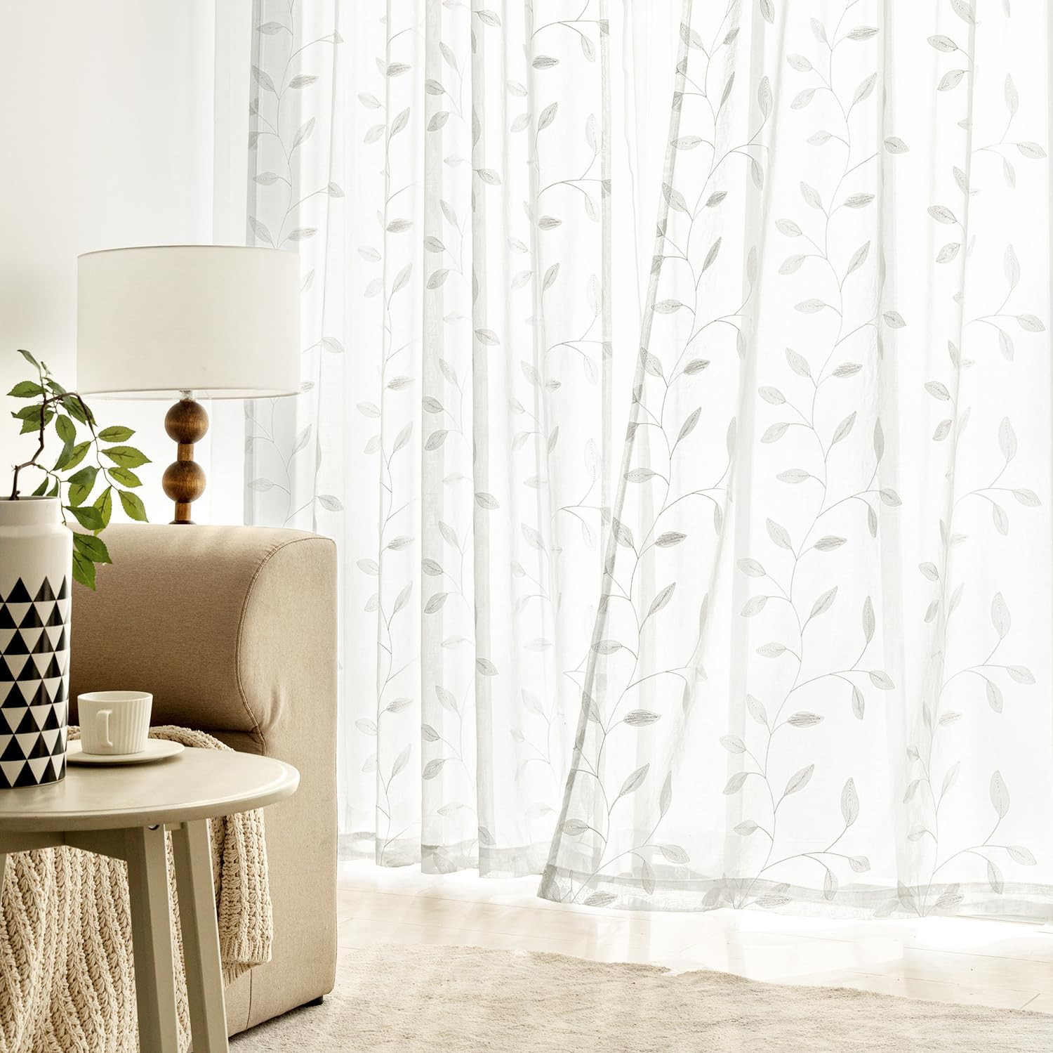 MIULEE Ivory Sheer Kitchen Curtains 30×36 Inches Length 2 Panels Embroidered Lea